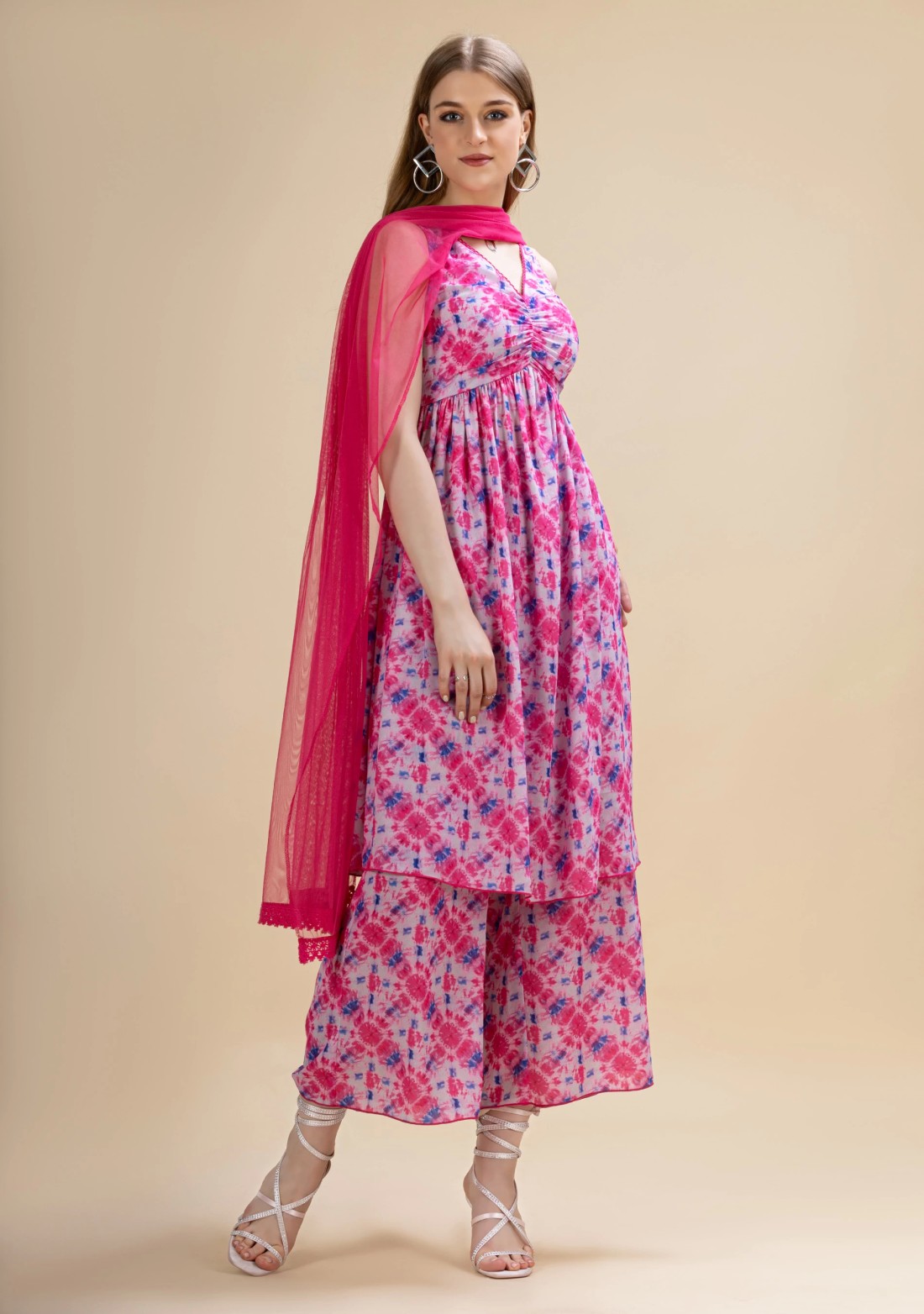 Pink Shibori Print Moss Crepe Flared Kurta Suit Set