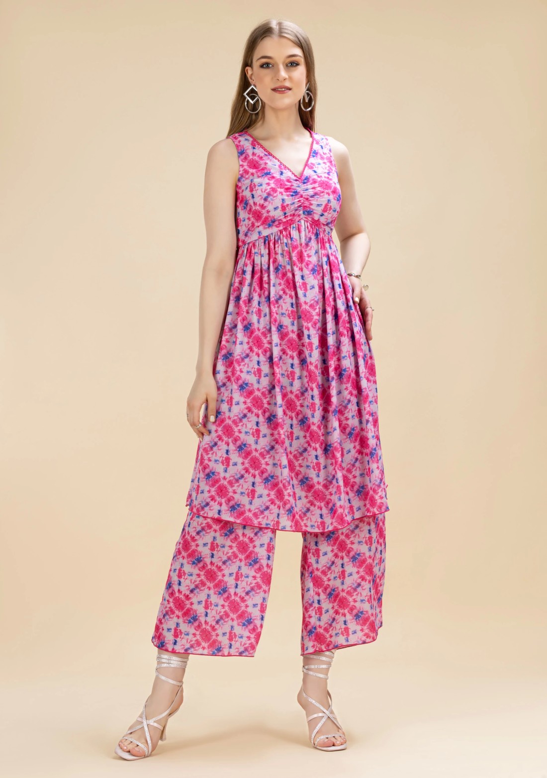 Pink Shibori Print Moss Crepe Flared Kurta Suit Set