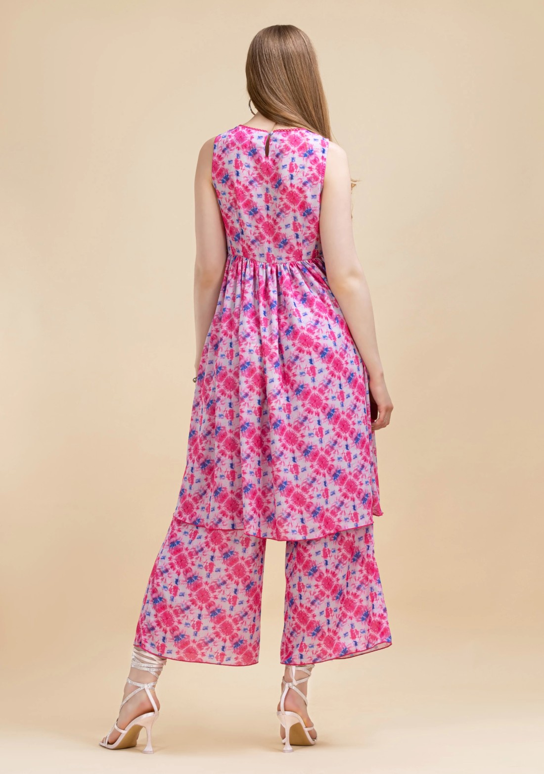 Pink Shibori Print Moss Crepe Flared Kurta Suit Set