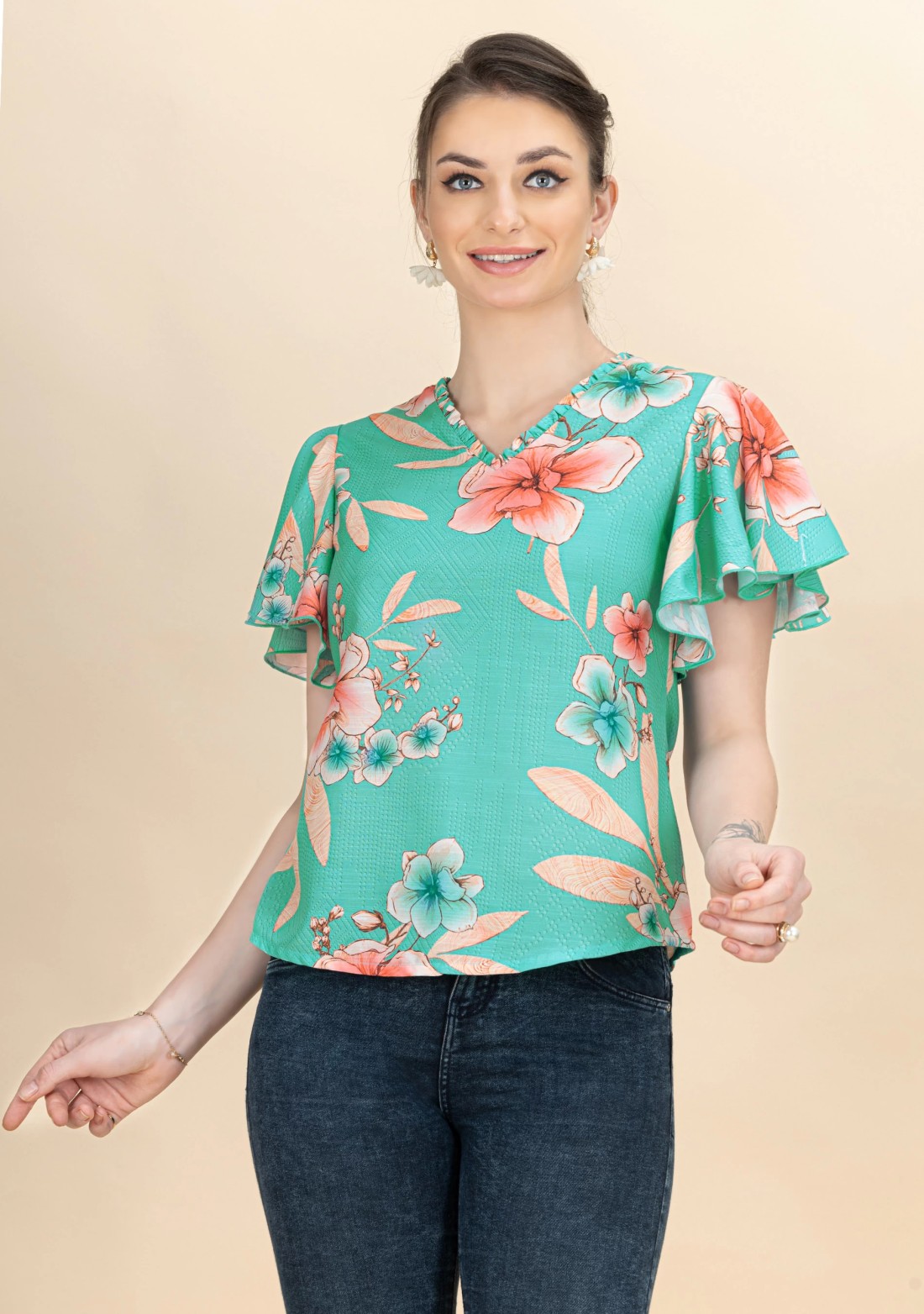 Aqua Floral Printed Rayon Top