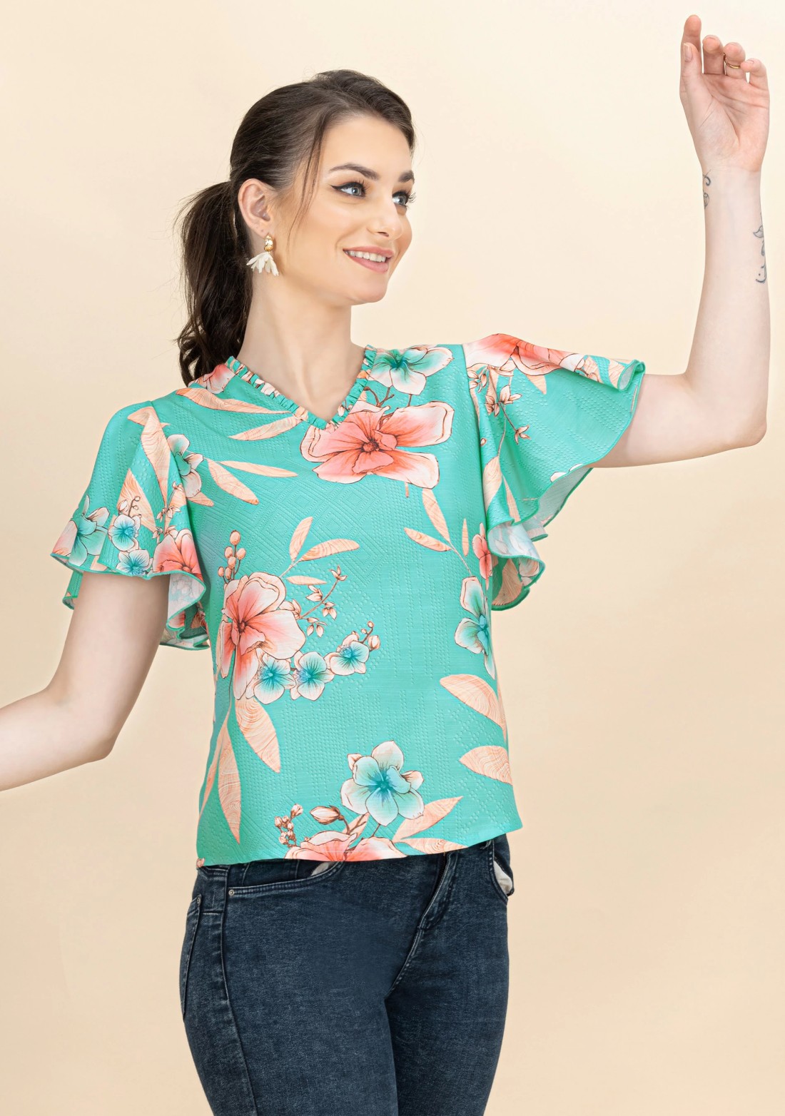 Aqua Floral Printed Rayon Top