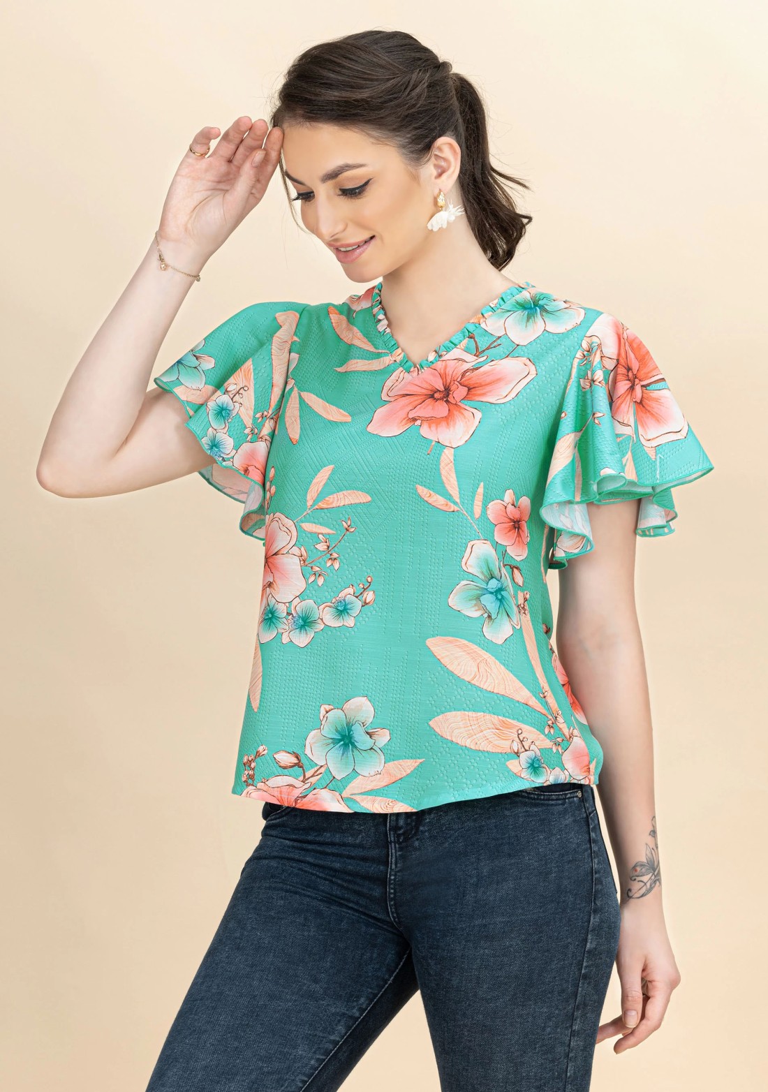 Aqua Floral Printed Rayon Top