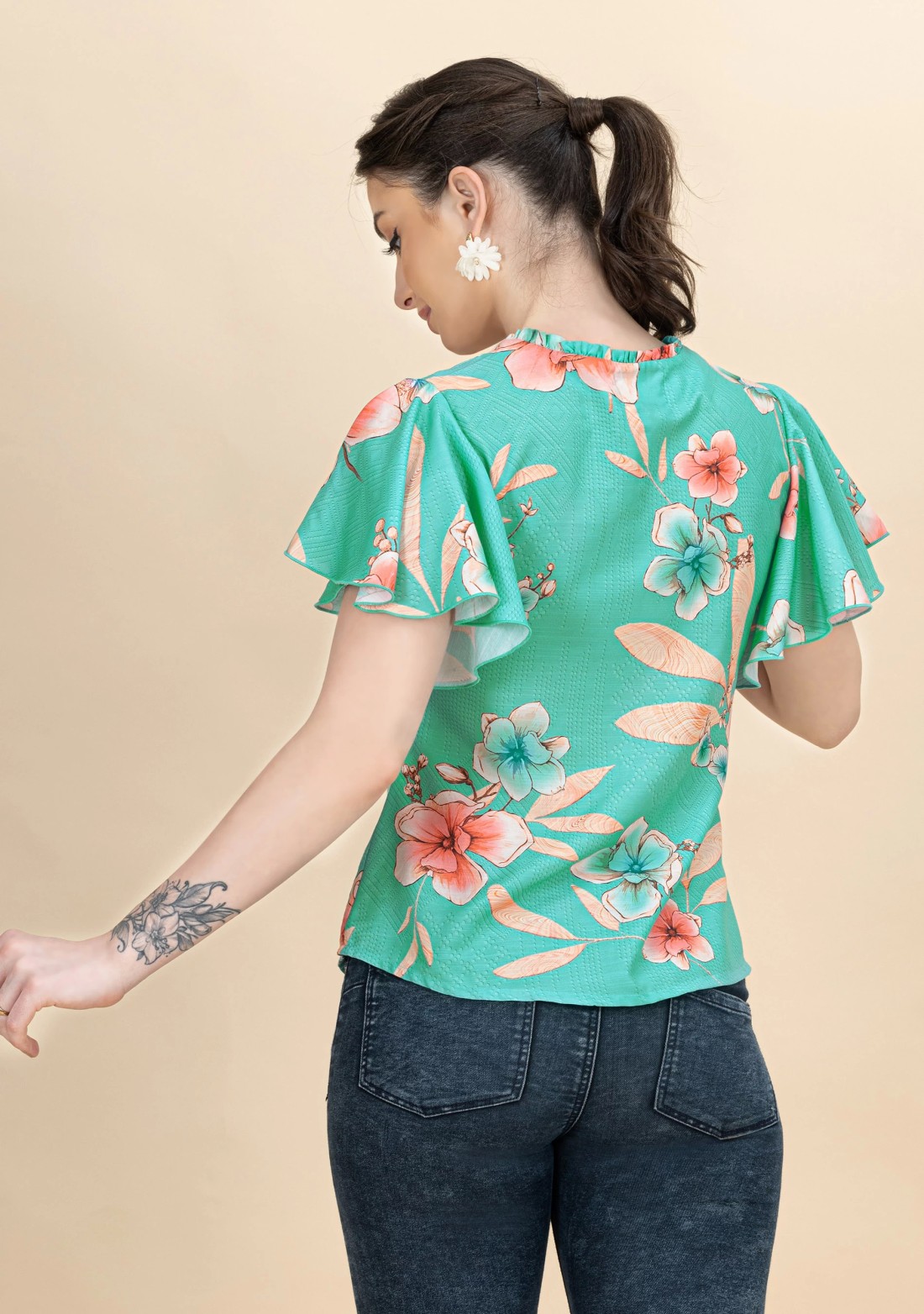 Aqua Floral Printed Rayon Top