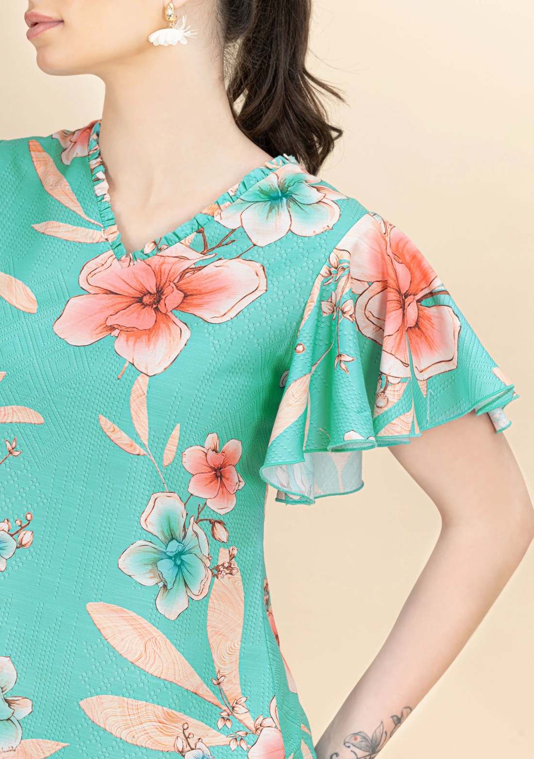 Aqua Floral Printed Rayon Top