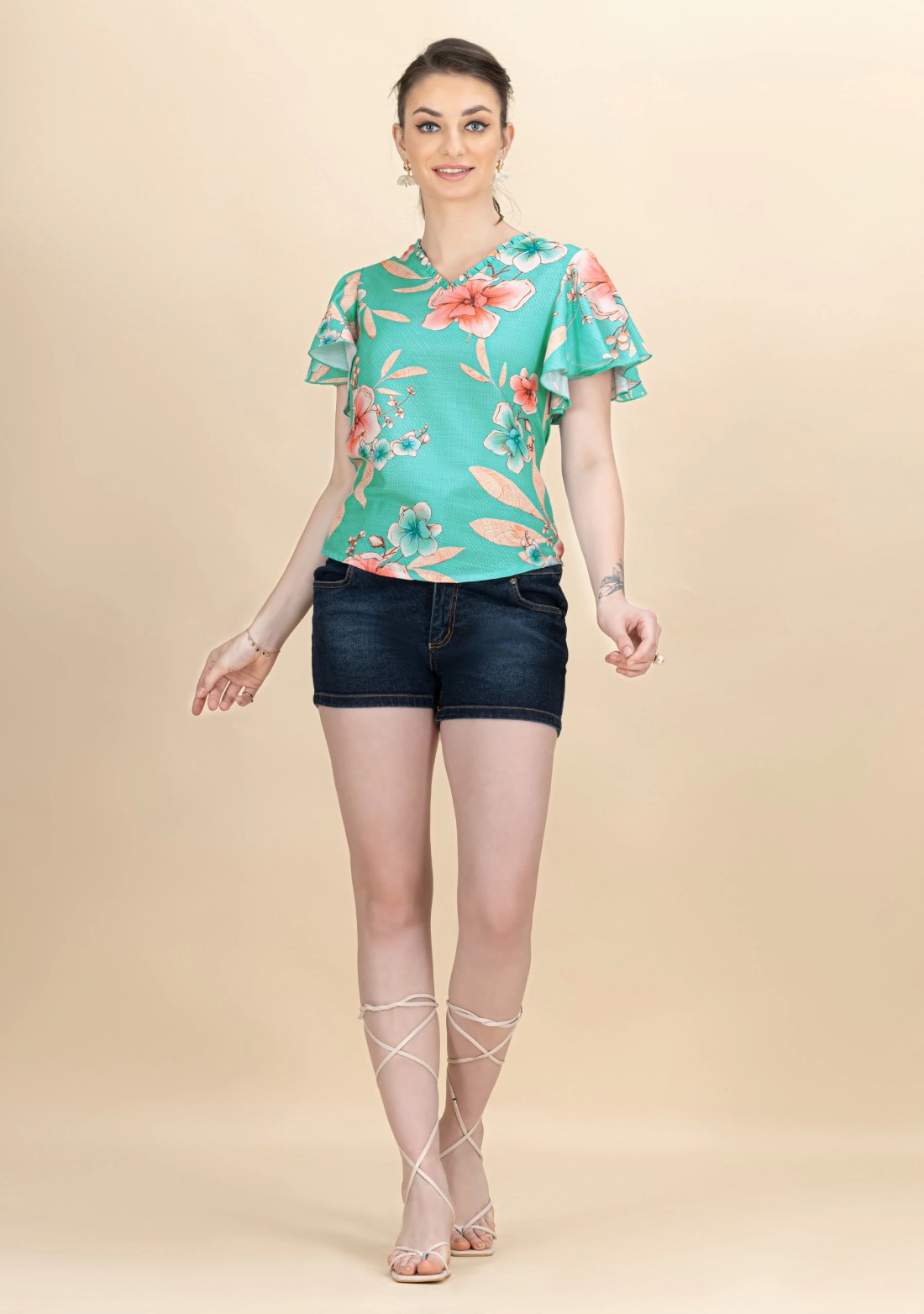 Aqua Floral Printed Rayon Top