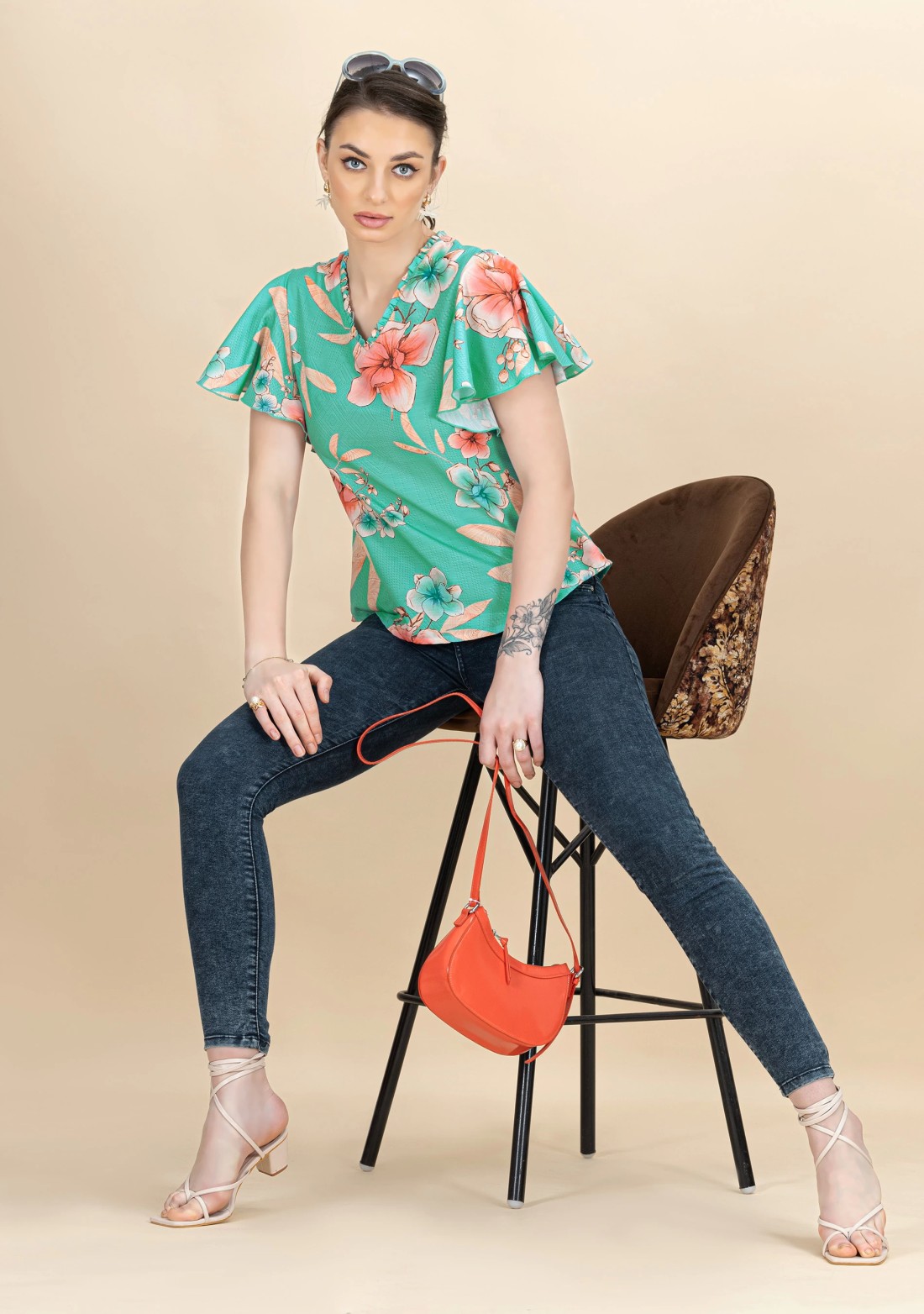 Aqua Floral Printed Rayon Top