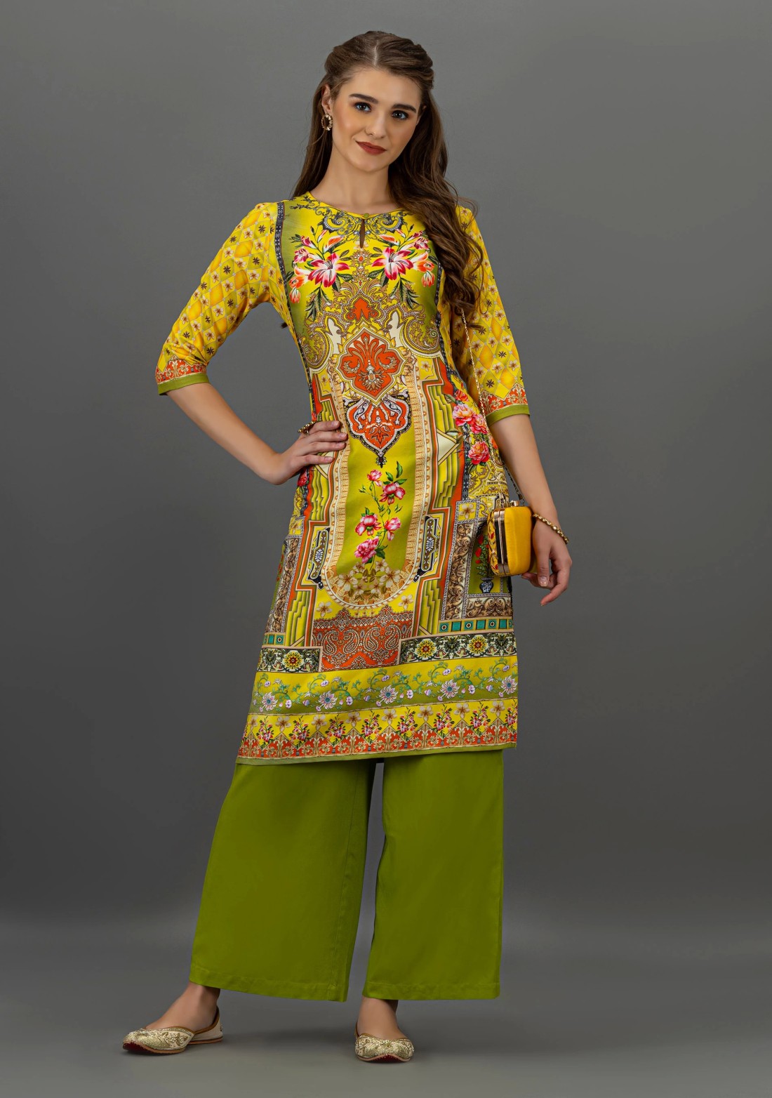 Yellow Floral Print Rayon Straight Kurta