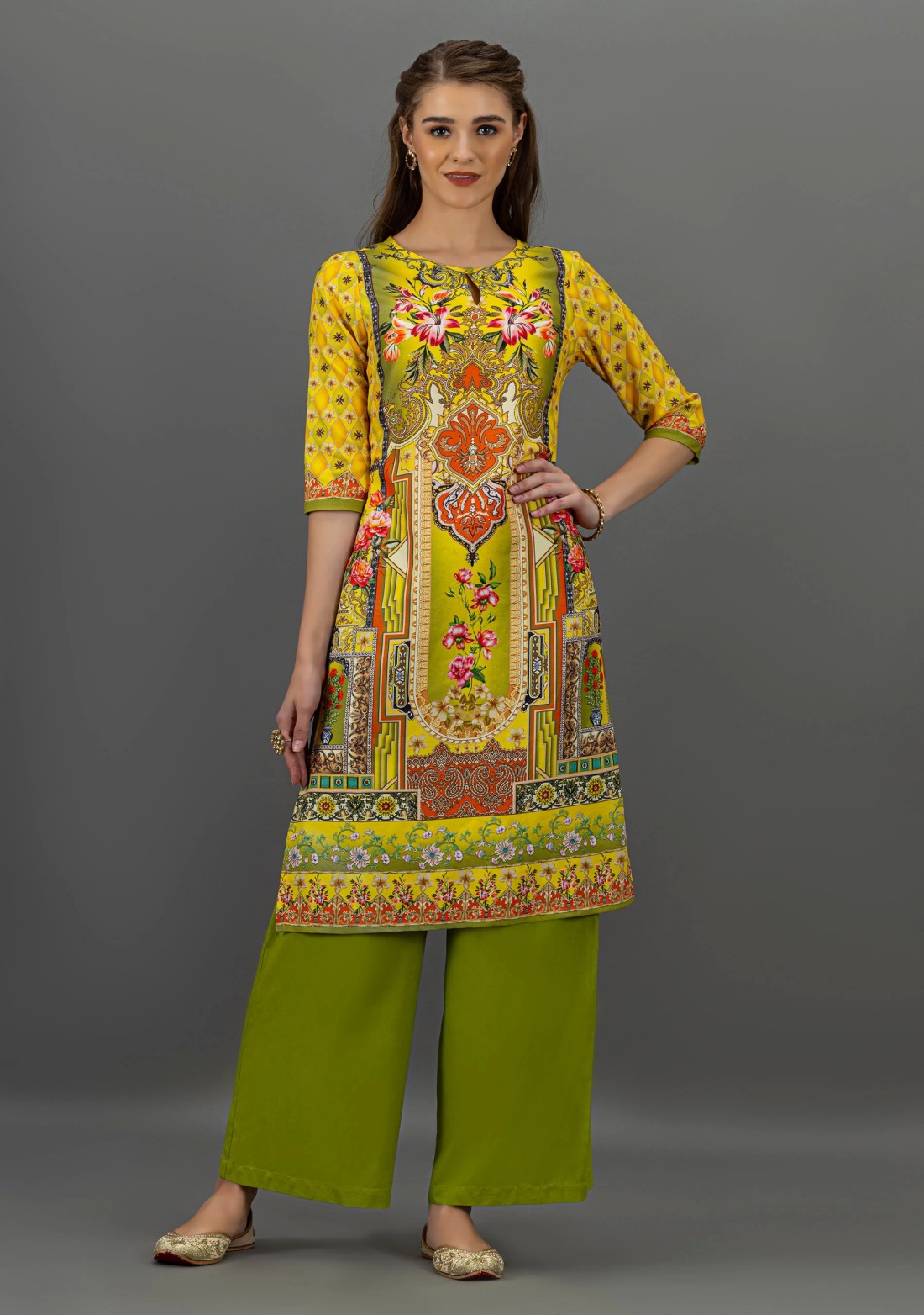 Yellow Floral Print Rayon Straight Kurta