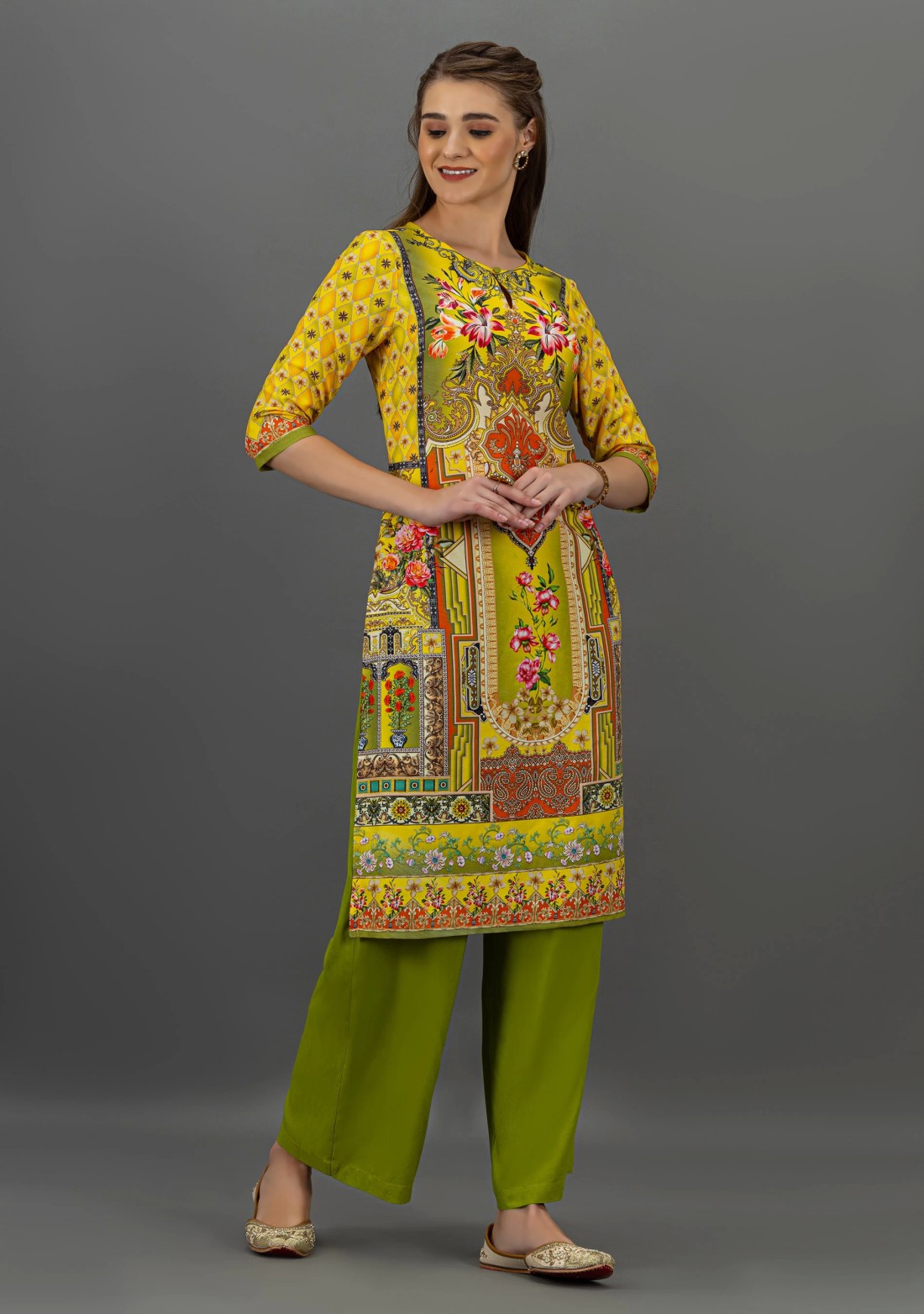 Yellow Floral Print Rayon Straight Kurta