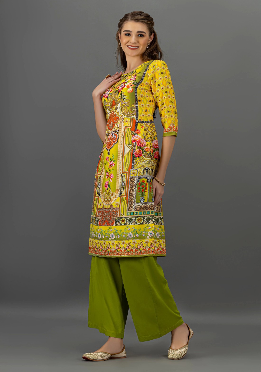 Yellow Floral Print Rayon Straight Kurta