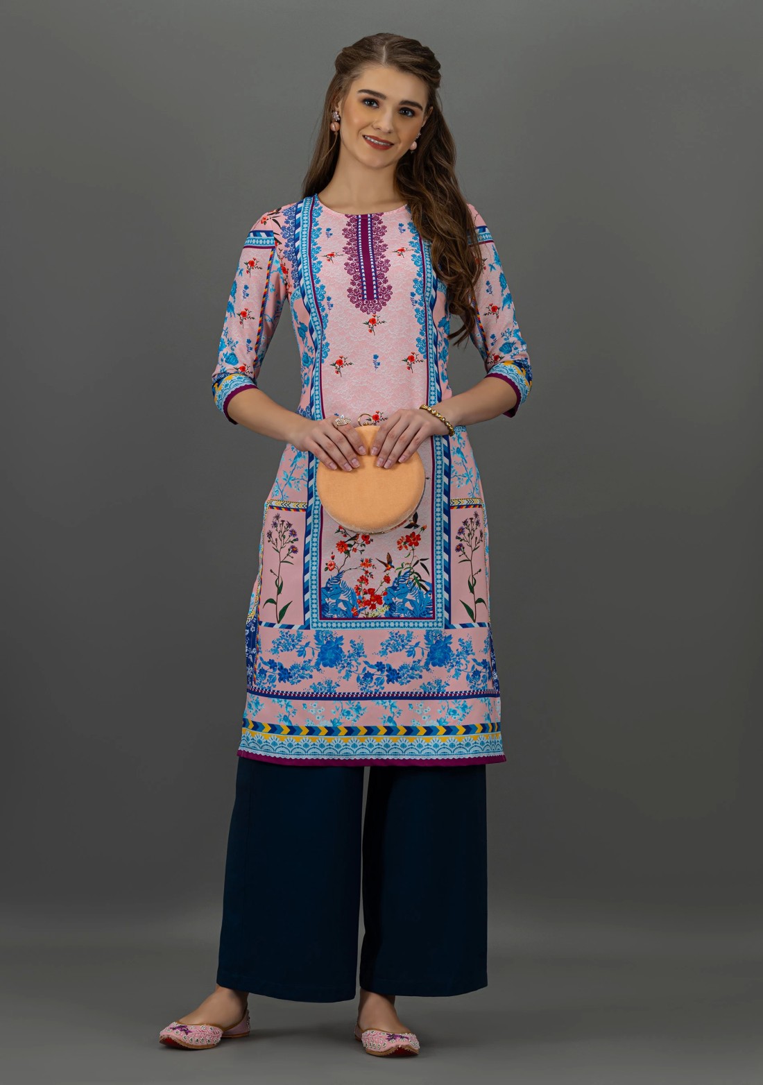 Pink Floral Print Rayon Straight Kurta