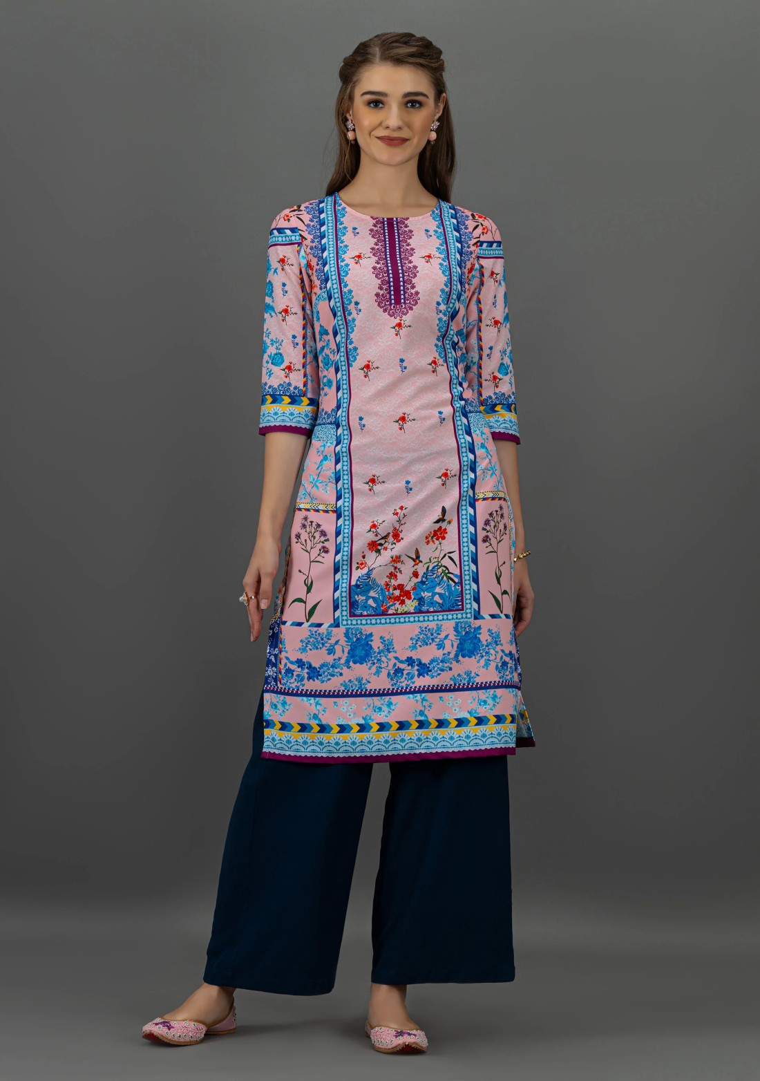 Pink Floral Print Rayon Straight Kurta