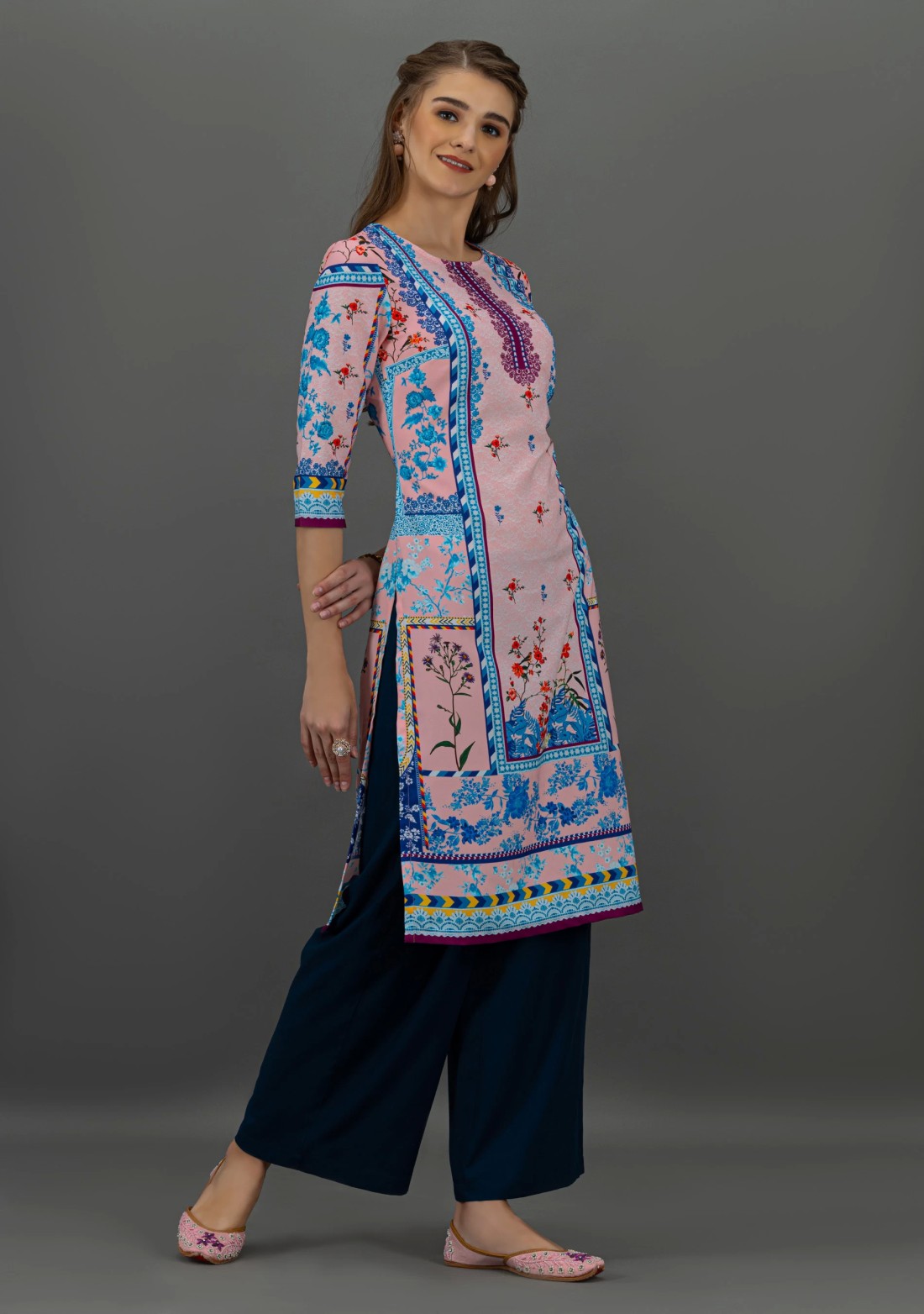 Pink Floral Print Rayon Straight Kurta