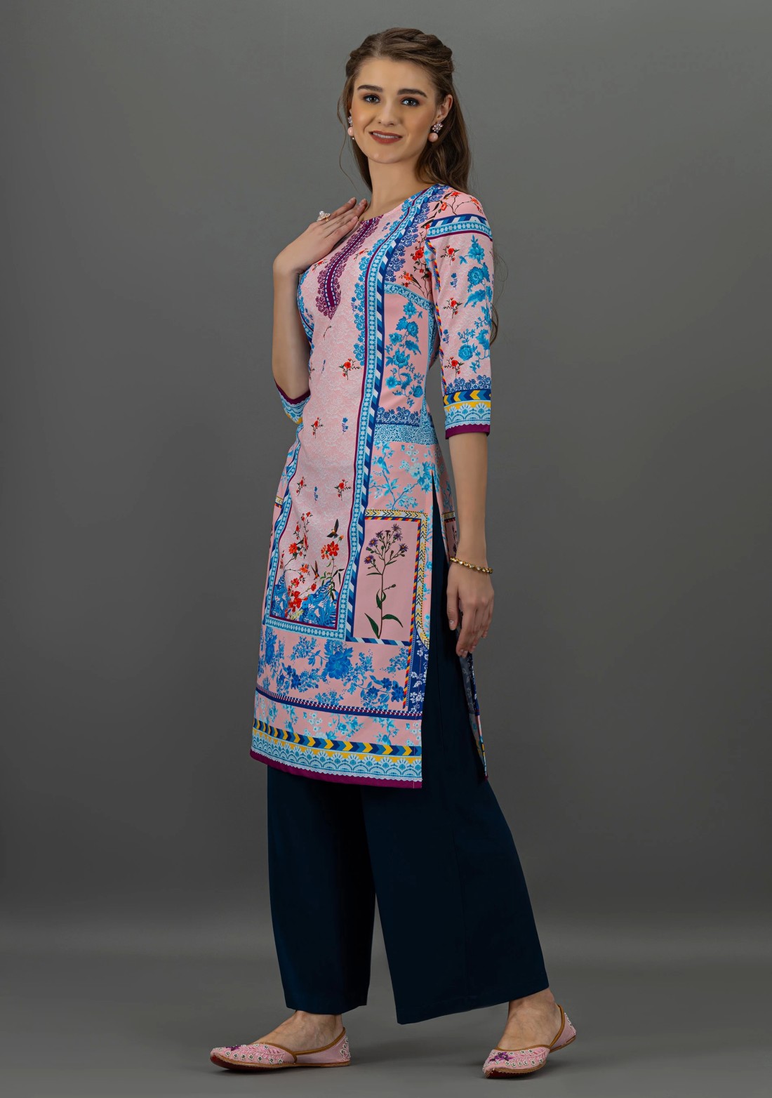 Pink Floral Print Rayon Straight Kurta