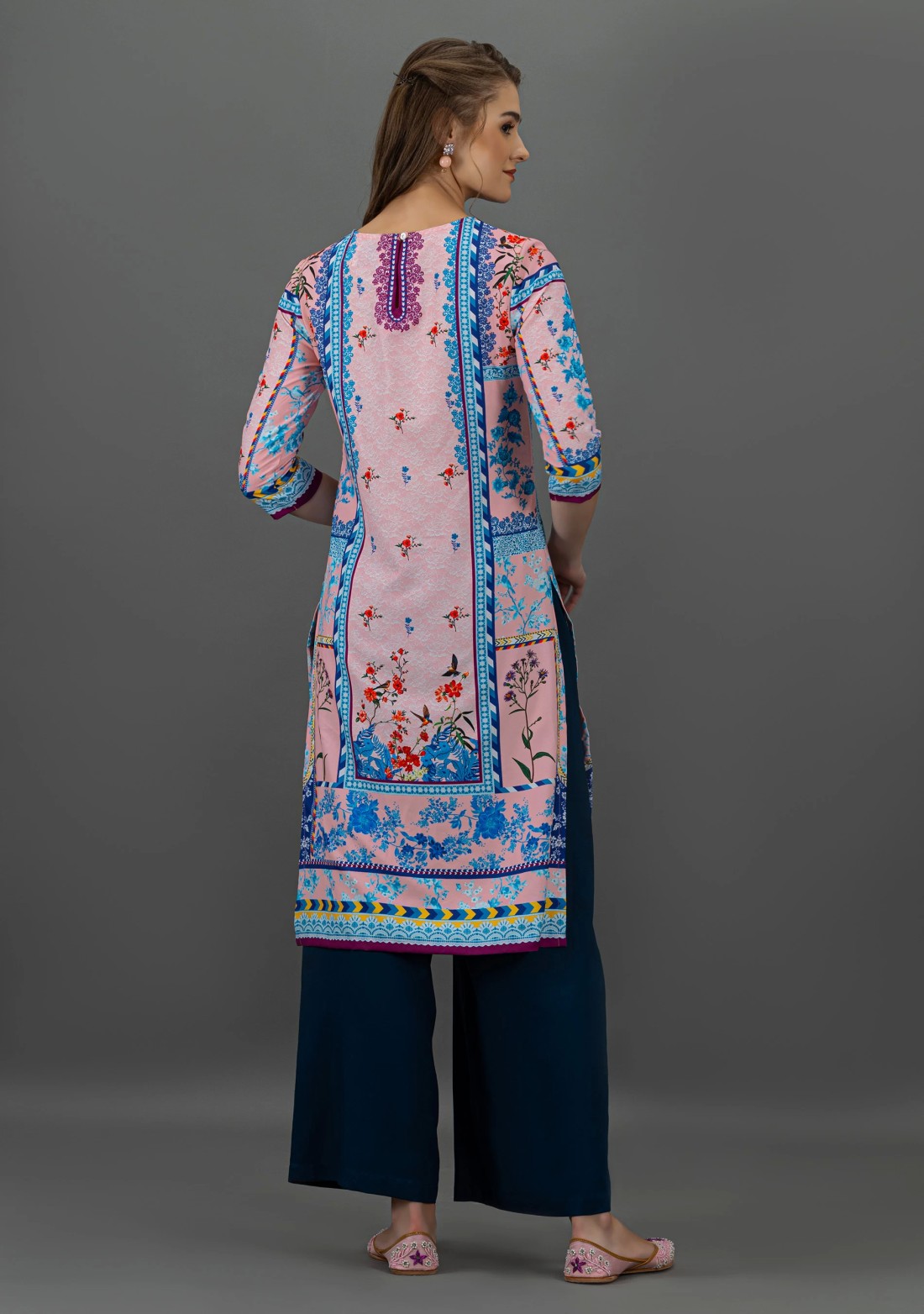 Pink Floral Print Rayon Straight Kurta