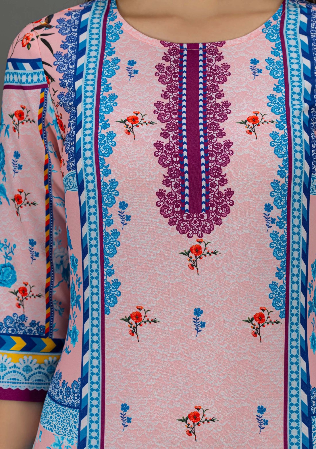 Pink Floral Print Rayon Straight Kurta