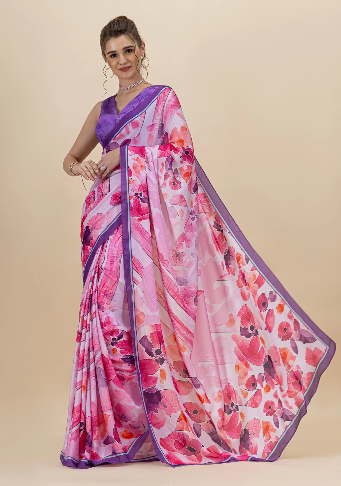 Pink & Purple Abstract Floral Printed Lightweight Satin Georgette Saree With Unstitched Blouse