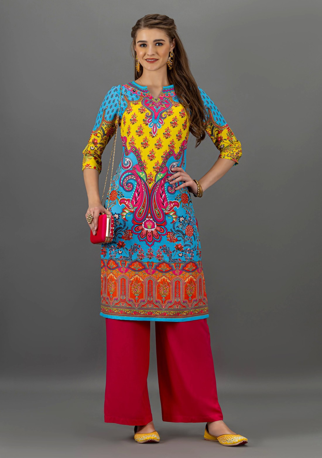 Multi-Colour Ethnic Motif Print Straight Kurta