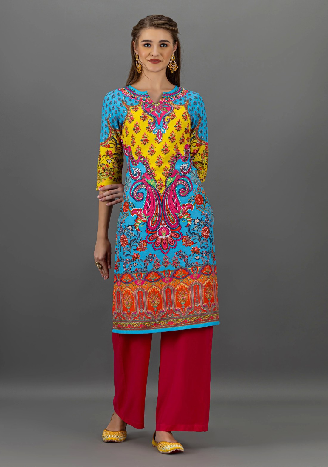 Multi-Colour Ethnic Motif Print Straight Kurta