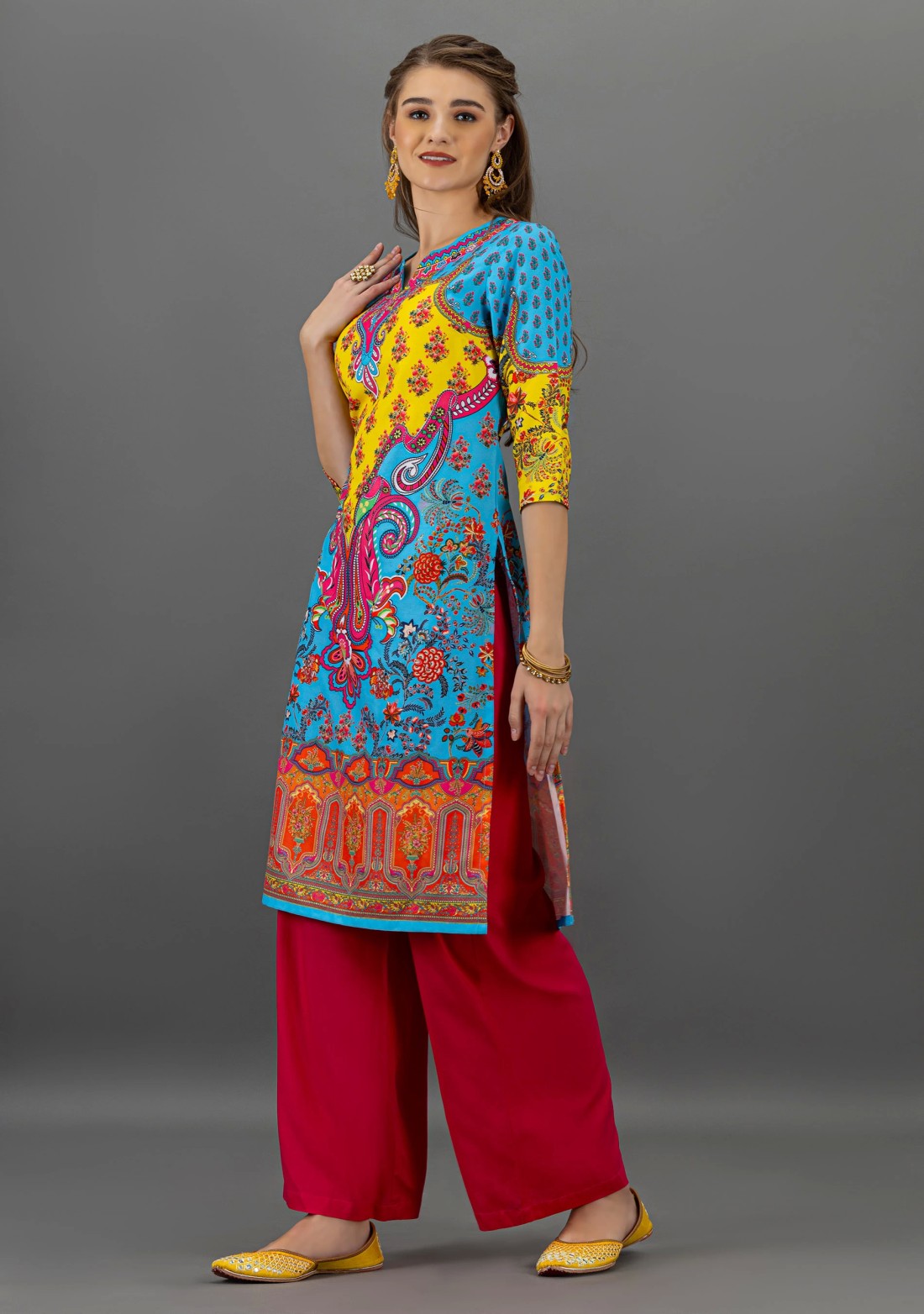 Multi-Colour Ethnic Motif Print Straight Kurta