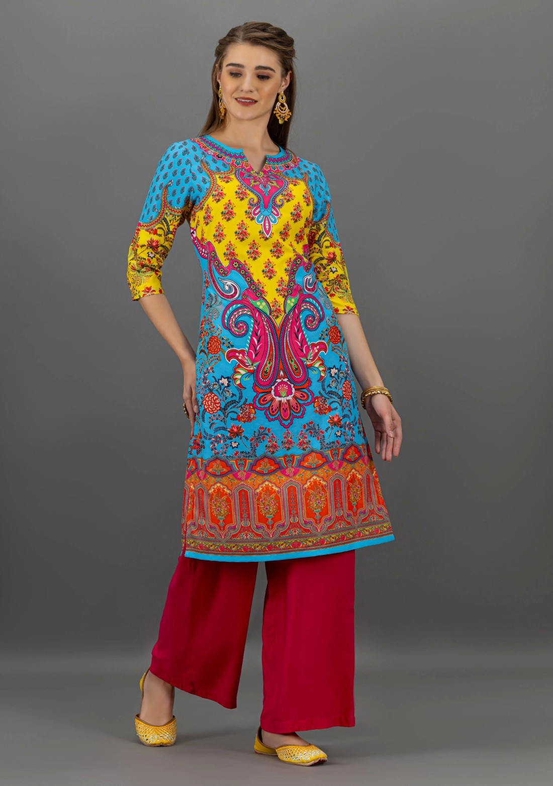 Multi-Colour Ethnic Motif Print Straight Kurta