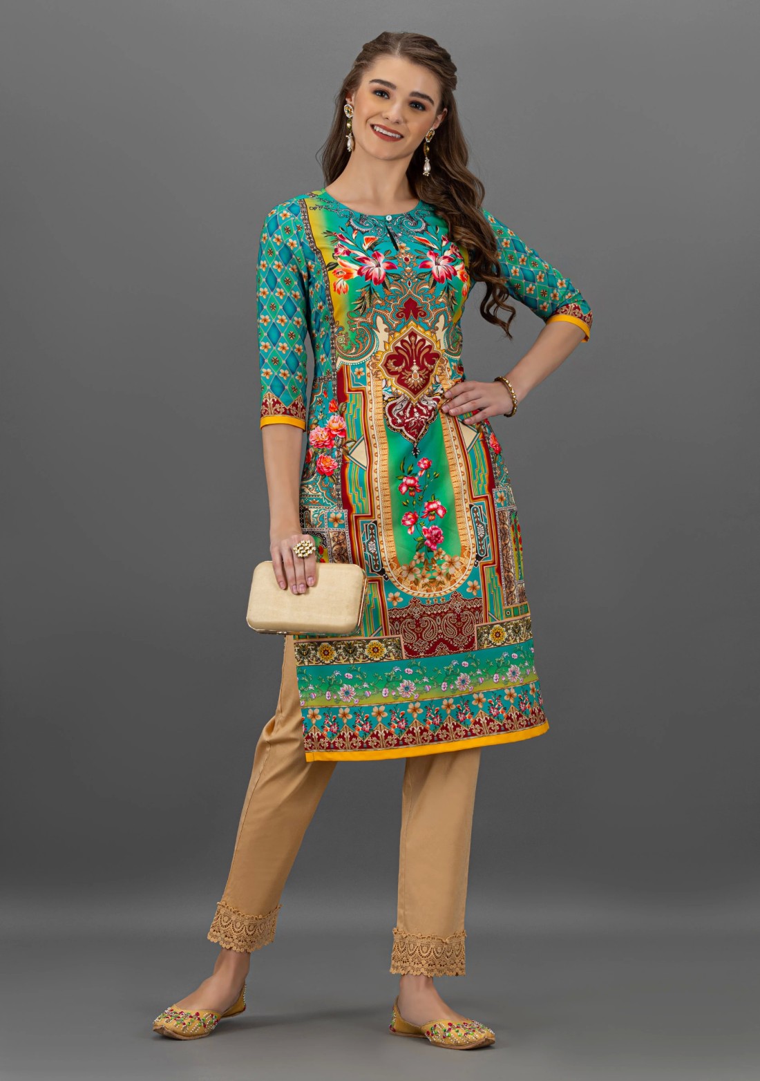 Turquoise Floral Print Rayon Straight Kurta