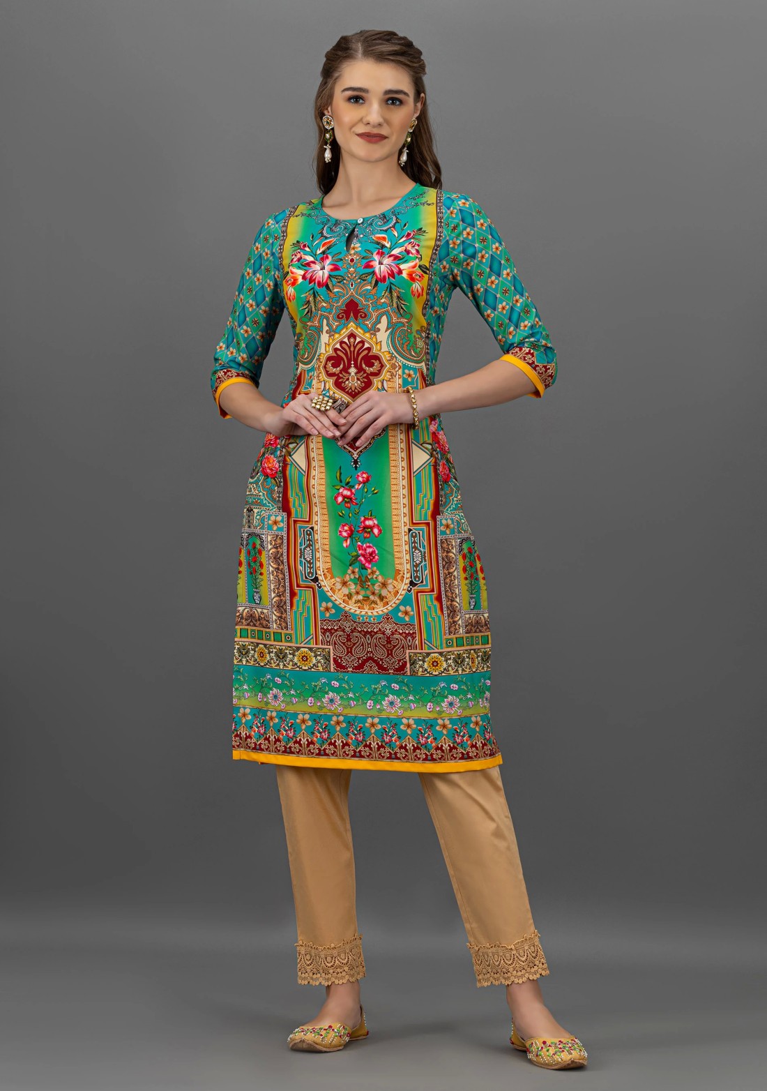 Turquoise Floral Print Rayon Straight Kurta