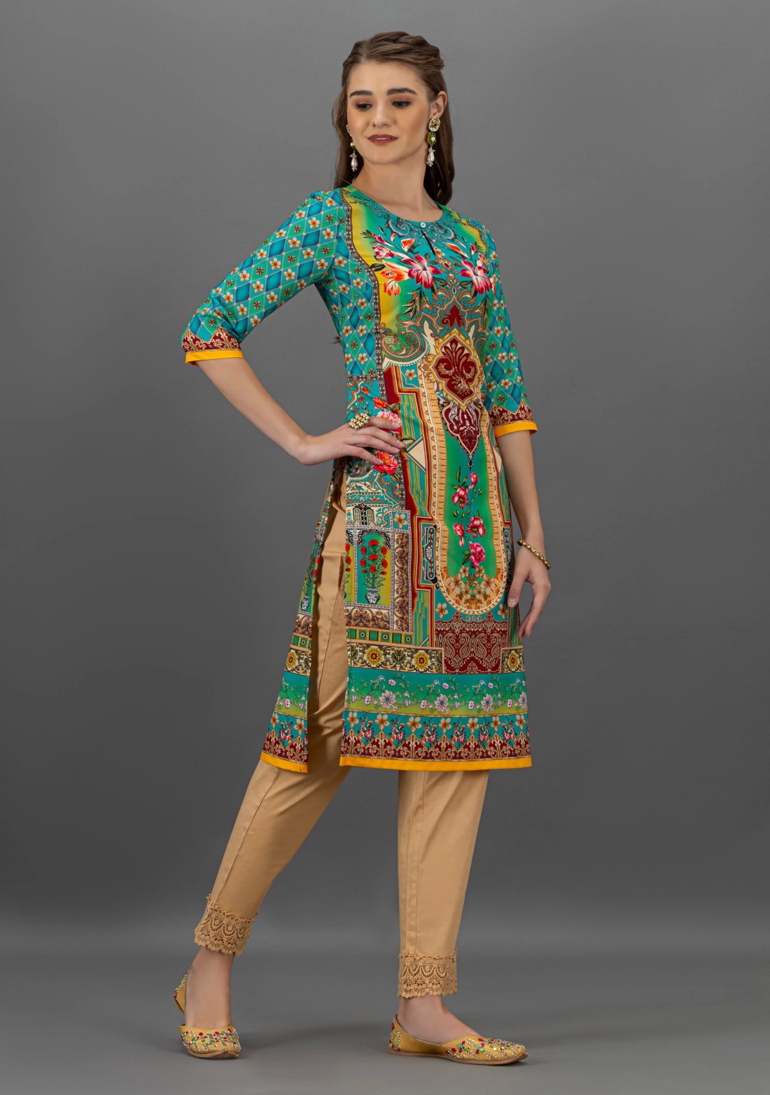 Turquoise Floral Print Rayon Straight Kurta