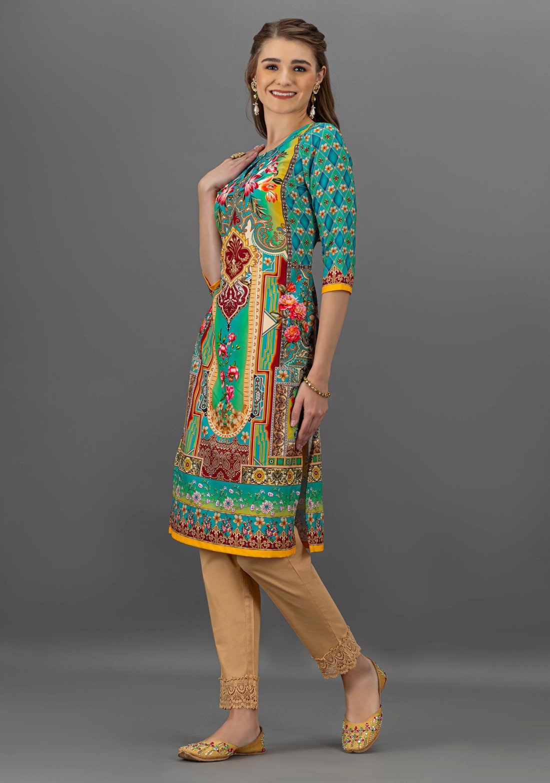 Turquoise Floral Print Rayon Straight Kurta