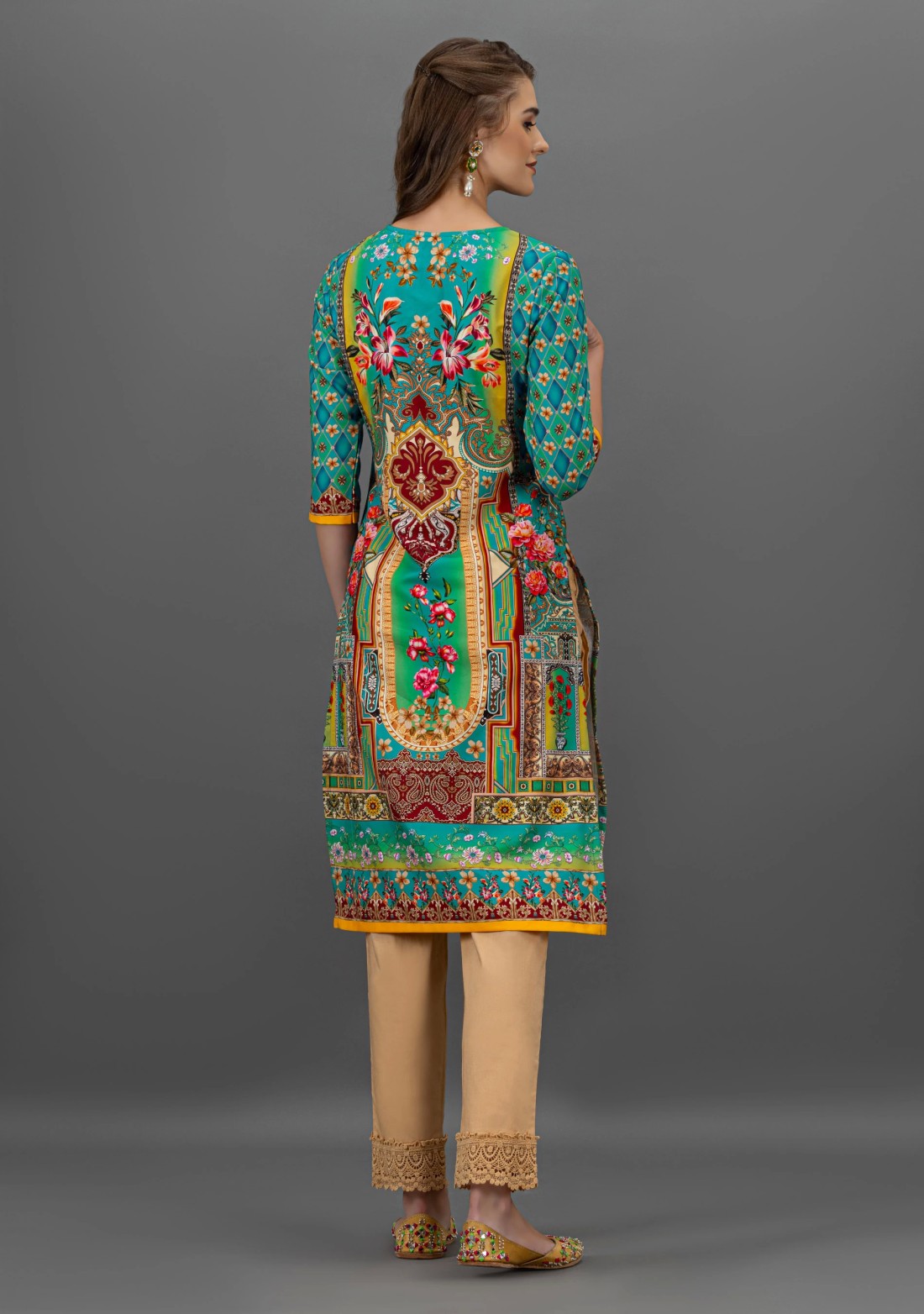 Turquoise Floral Print Rayon Straight Kurta