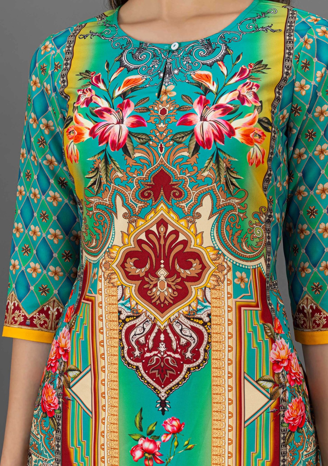 Turquoise Floral Print Rayon Straight Kurta