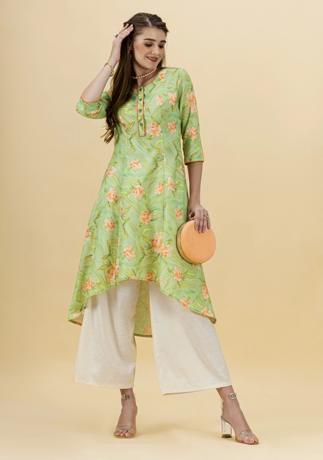 Olive Green Floral Printed Rayon Asymmetrical Kurta