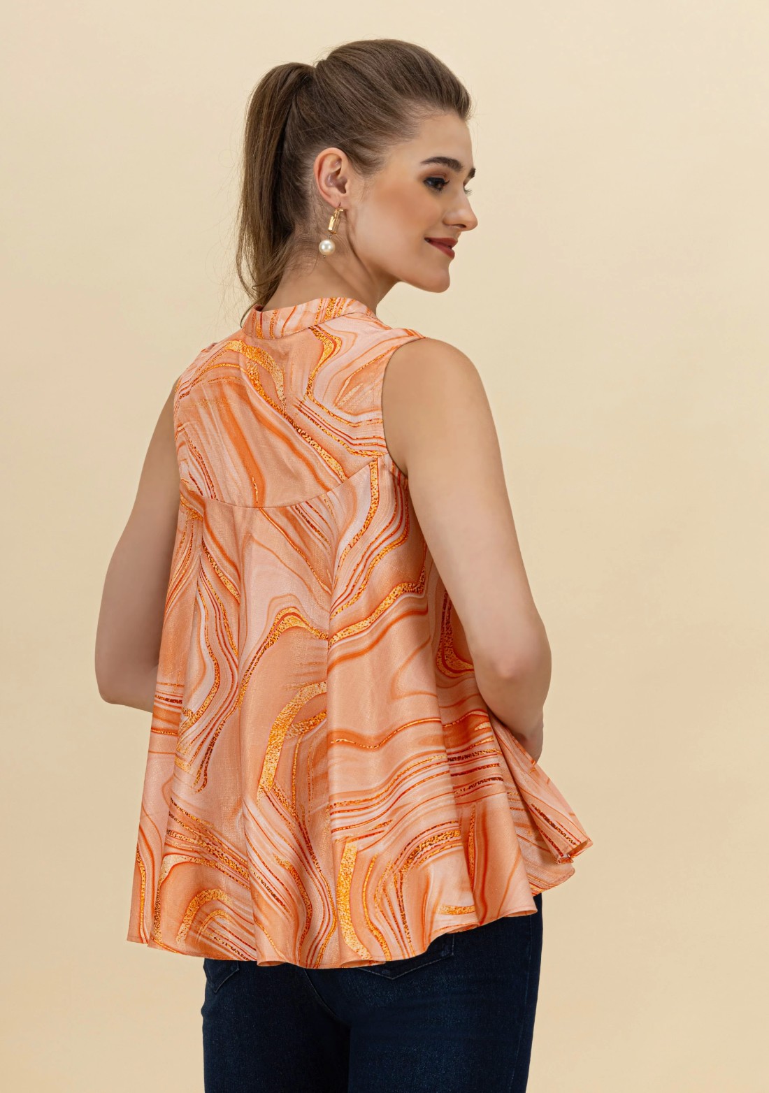 Orange Marble Printed Baggy Fit Sleeveless Top