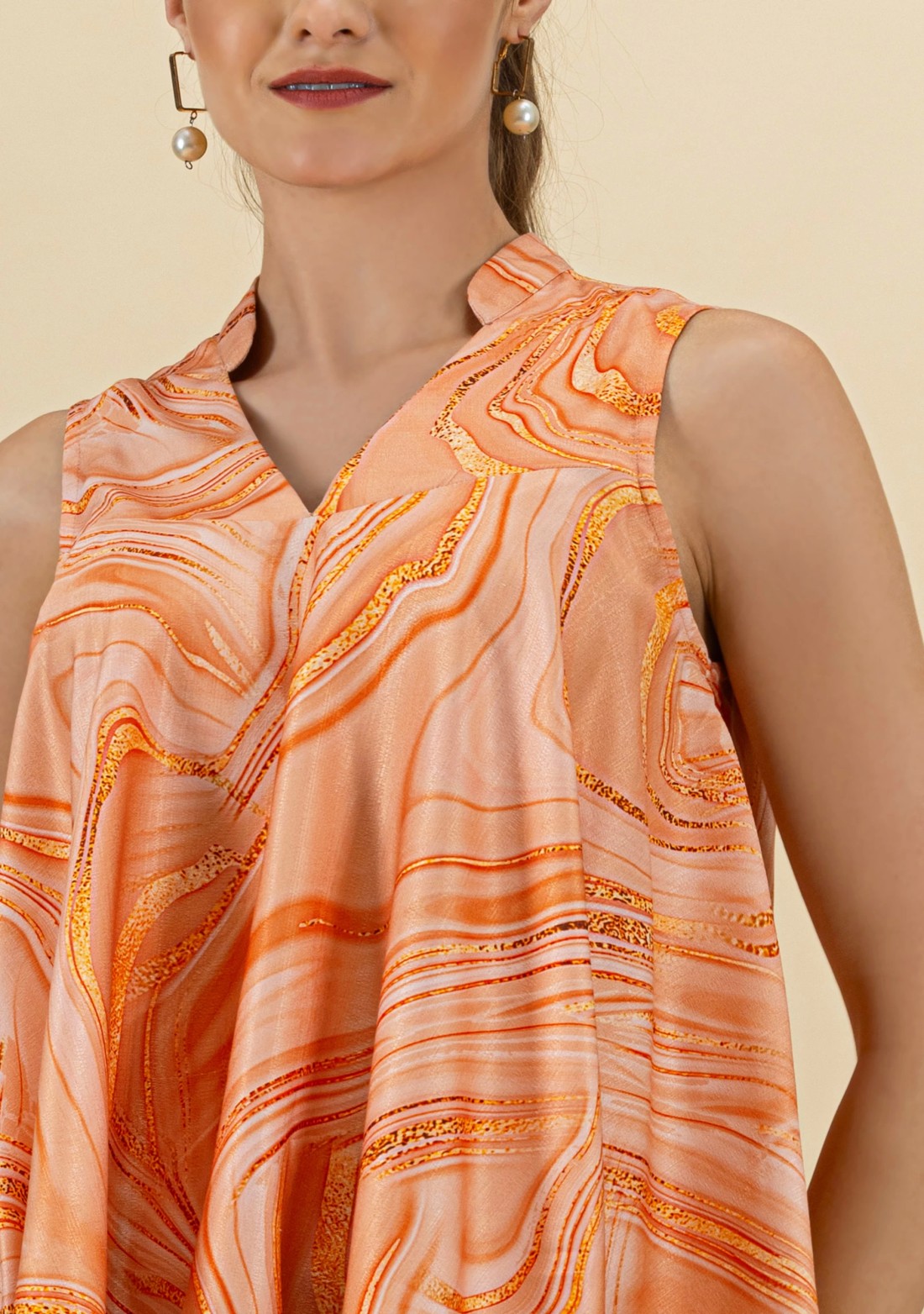 Orange Marble Printed Baggy Fit Sleeveless Top