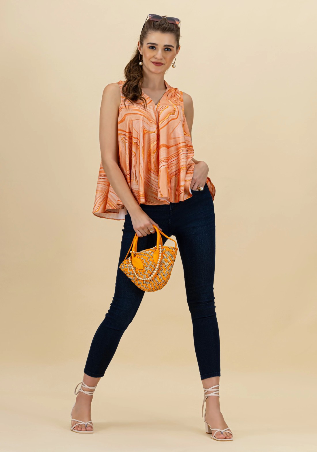 Orange Marble Printed Baggy Fit Sleeveless Top