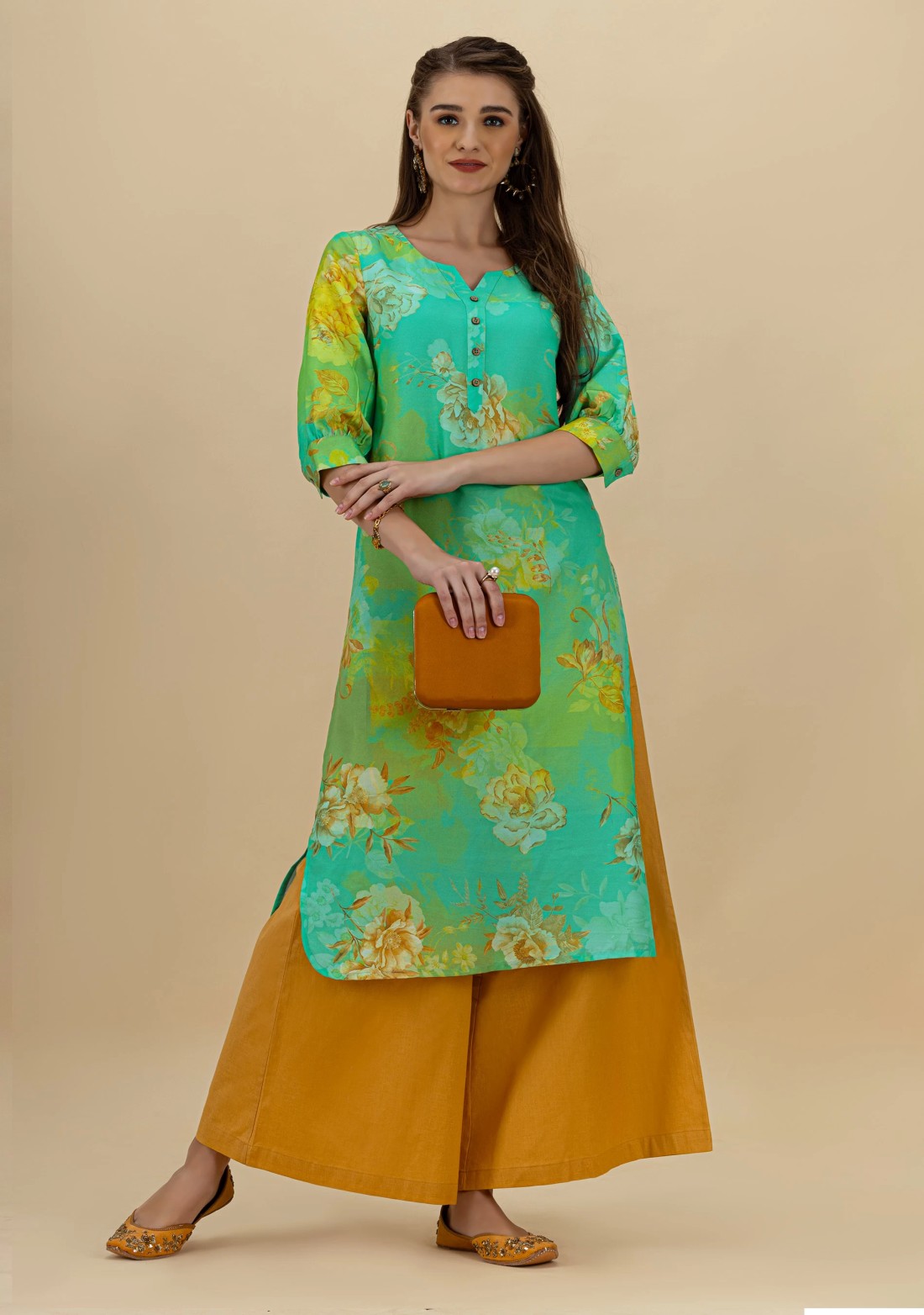 Green Floral Print Rayon Straight Kurta