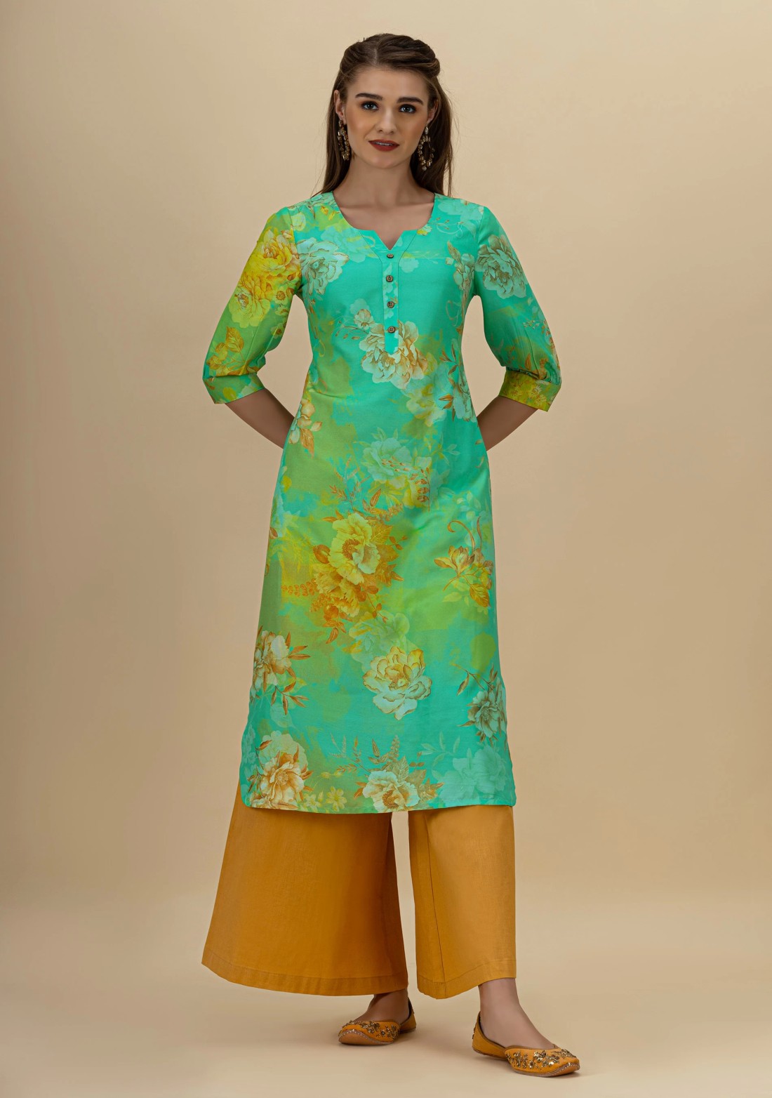 Green Floral Print Rayon Straight Kurta