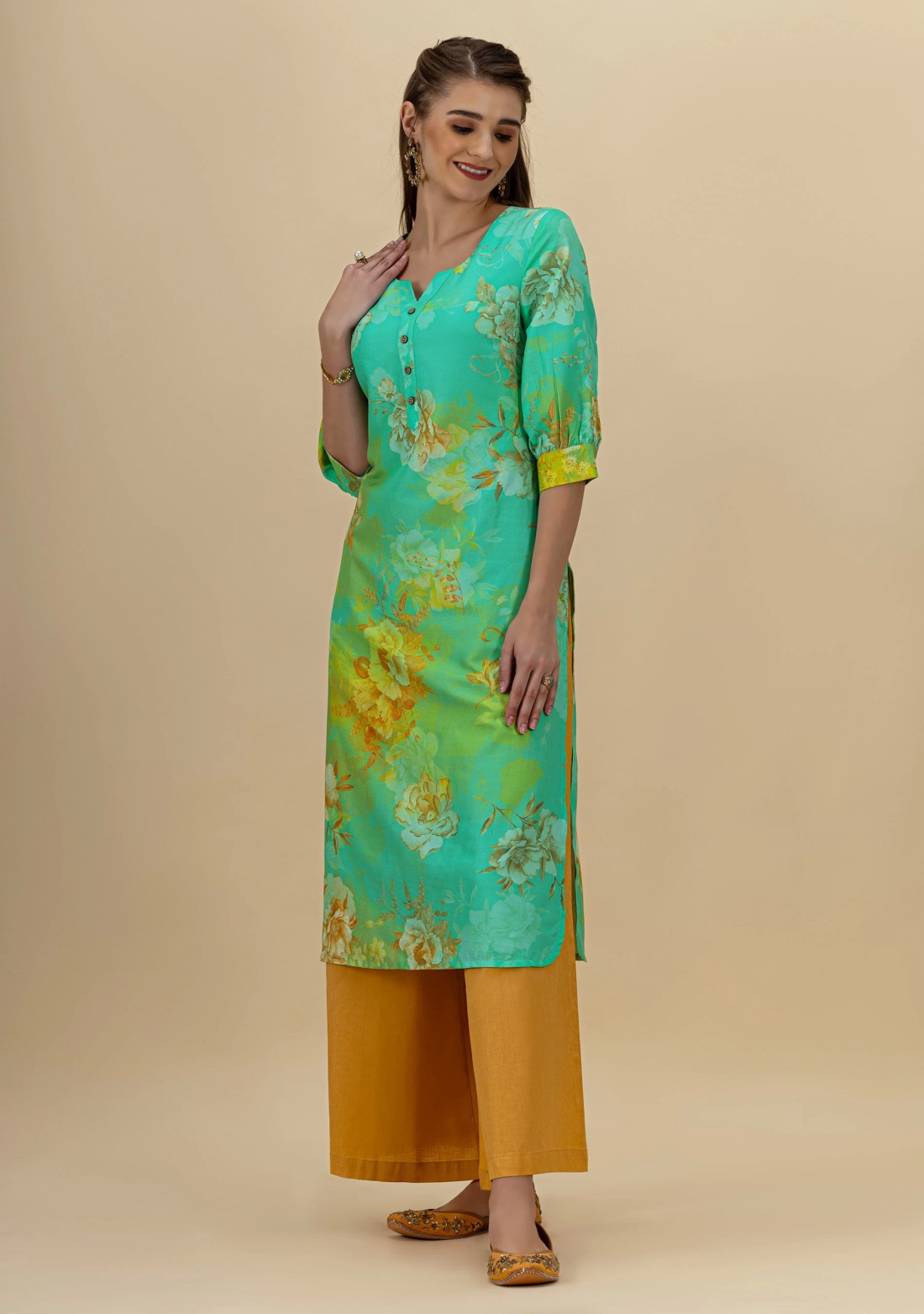 Green Floral Print Rayon Straight Kurta