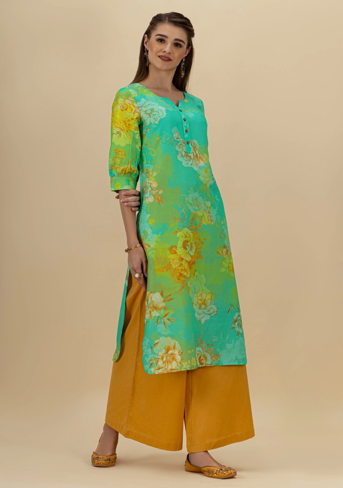 Green Floral Print Rayon Straight Kurta