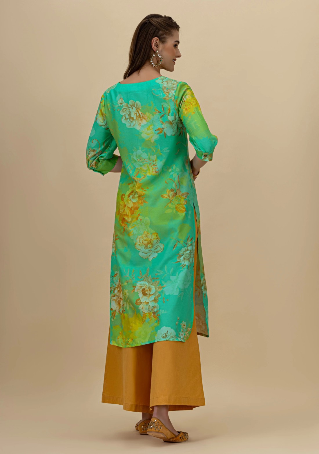 Green Floral Print Rayon Straight Kurta