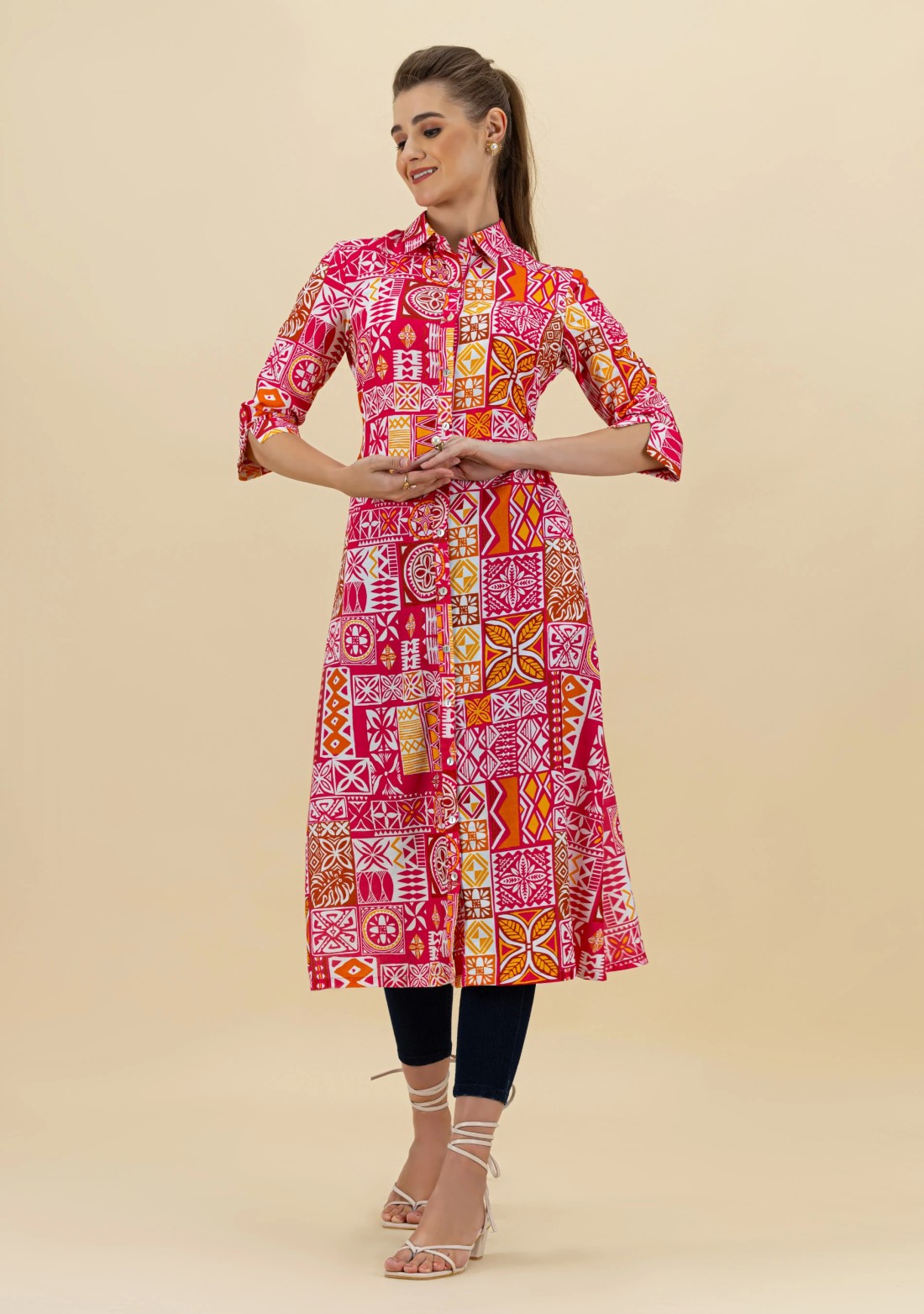 Ethnic Print Rayon Button Down Kurta