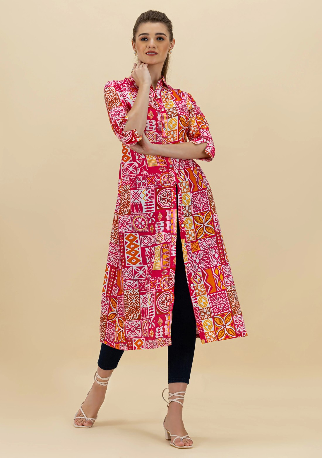 Ethnic Print Rayon Button Down Kurta