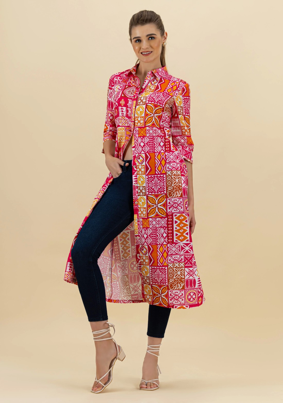 Ethnic Print Rayon Button Down Kurta