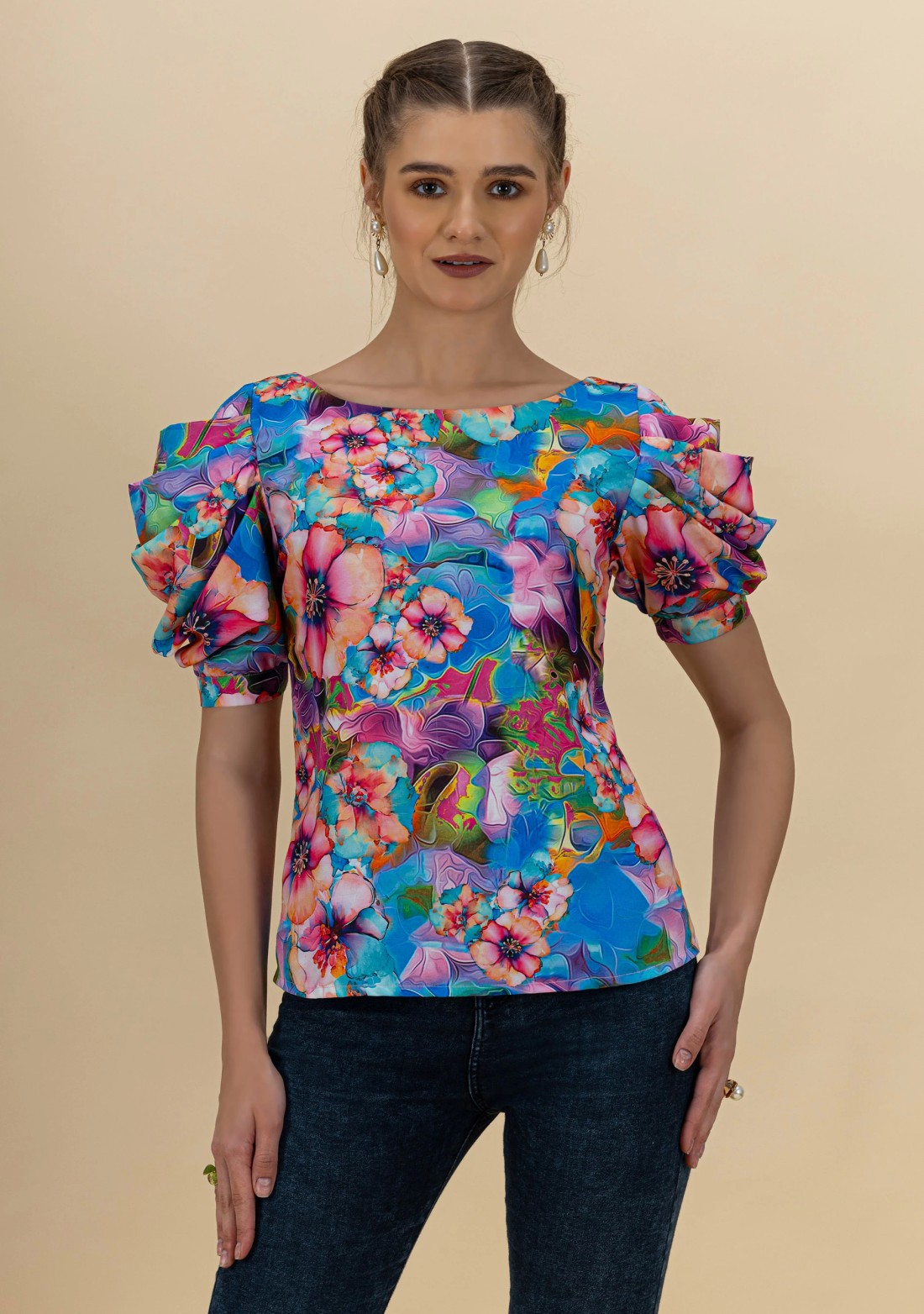 Multi Colour Floral Print Draped Sleeves Top