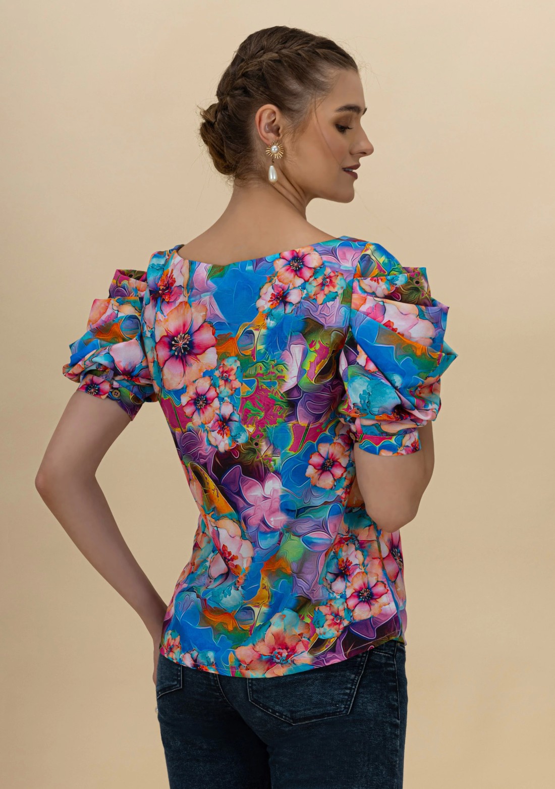 Multi Colour Floral Print Draped Sleeves Top