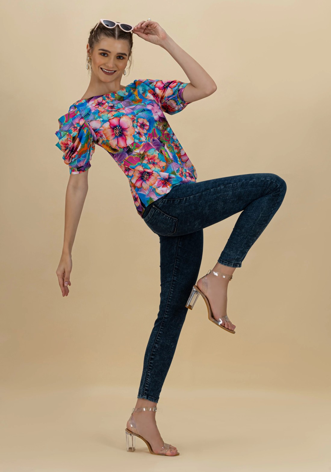 Multi Colour Floral Print Draped Sleeves Top