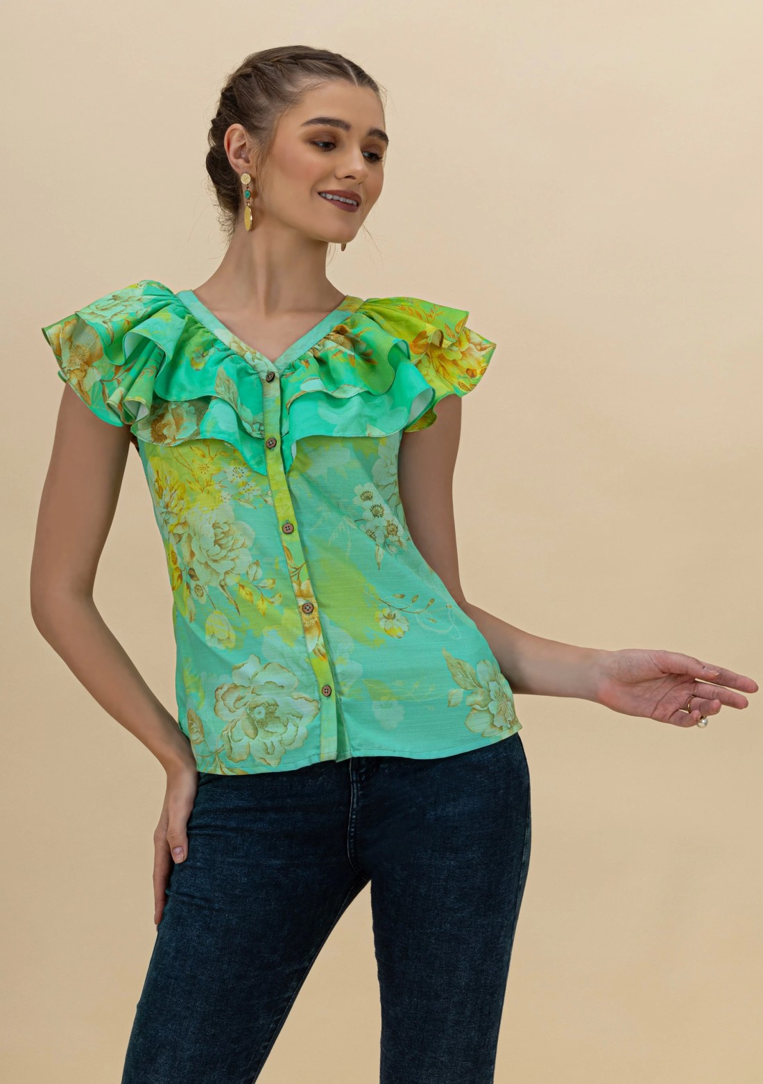 Green and Aqua Double Ruffles Button Down Shirt Top