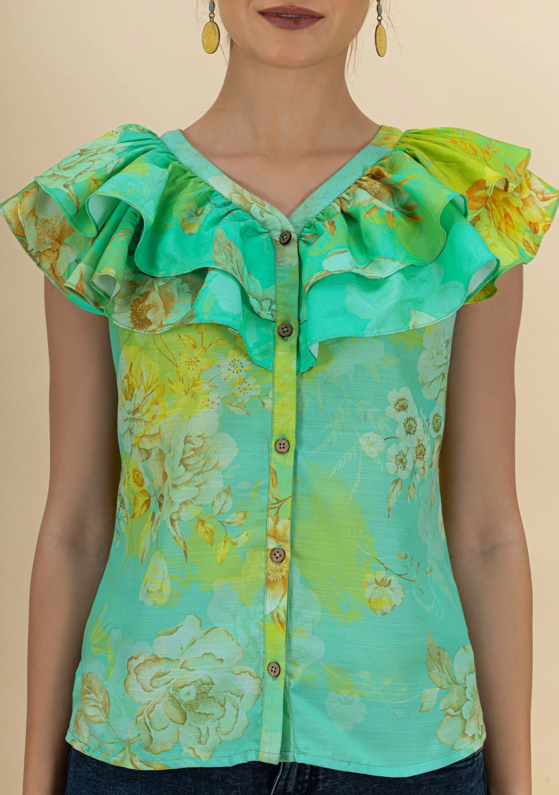 Green and Aqua Double Ruffles Button Down Shirt Top