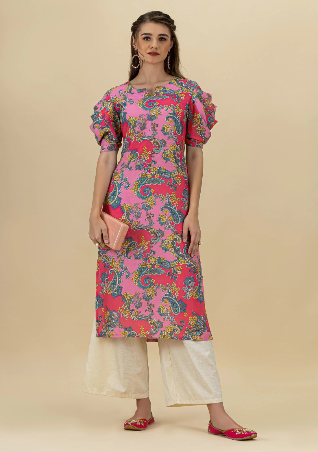 Multi Colour Ethnic Print Rayon Draped Sleeves Straight Kurta