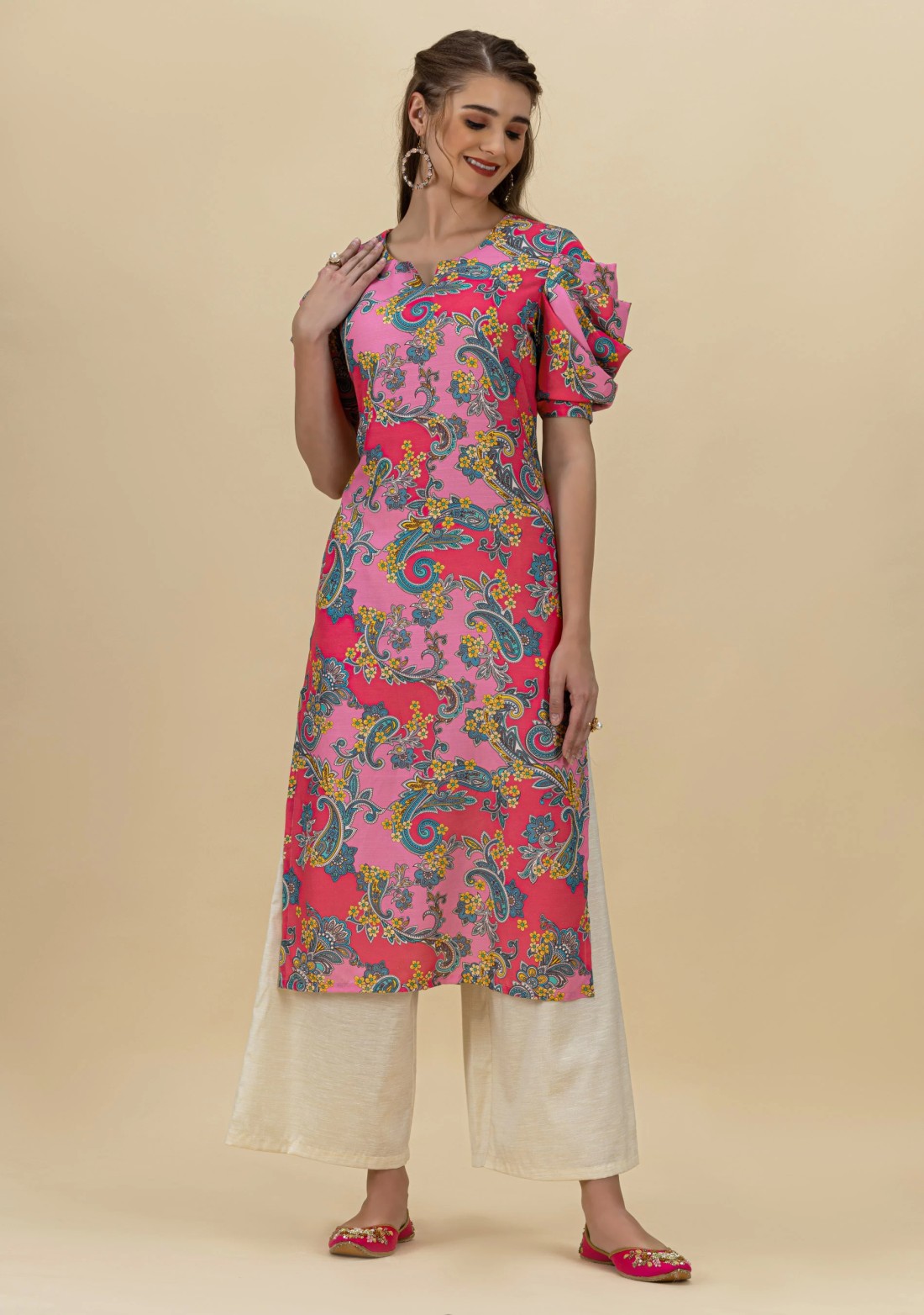 Multi Colour Ethnic Print Rayon Draped Sleeves Straight Kurta